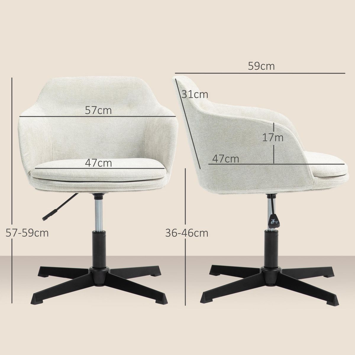 HOMCOM Chaise de bureau enveloppante design - piètement acier noir tissu toucher lin beige