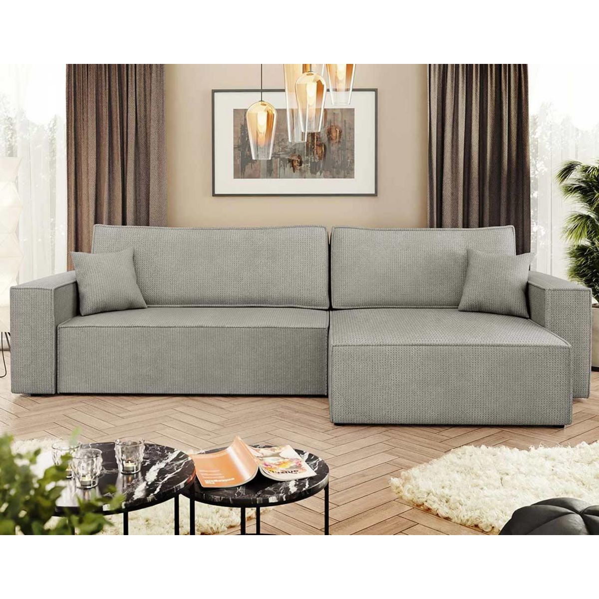 BEST MOBILIER Cezanne - canapé d'angle réversible 5 places convertible avec coffre en tissu texturé