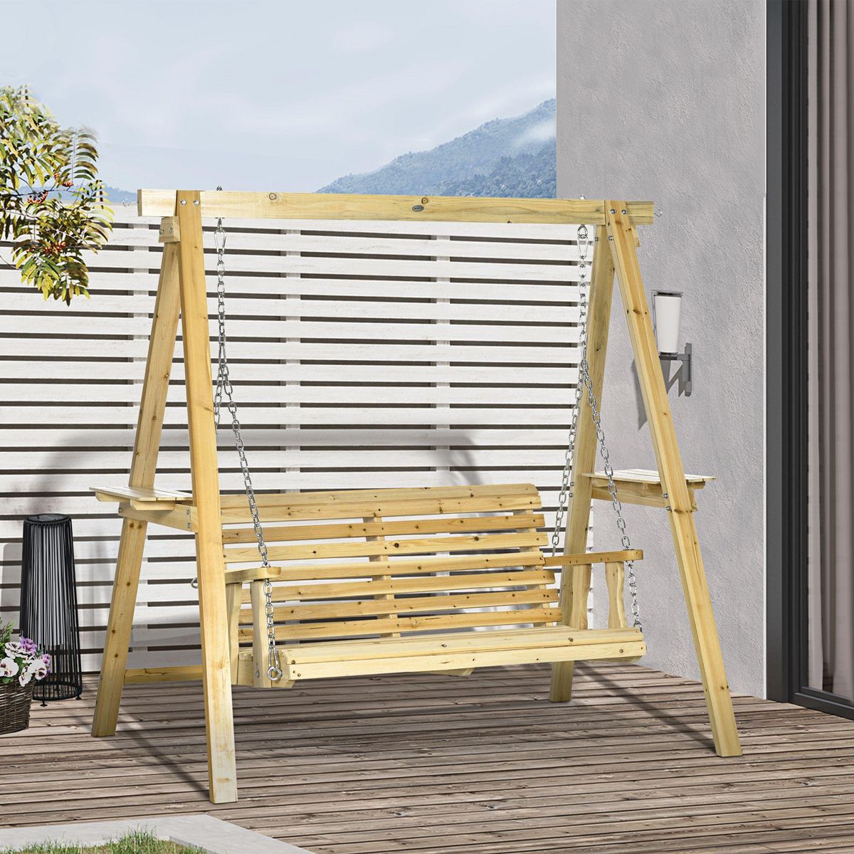 OUTSUNNY Balancelle de jardin 2 places en bois hauteur réglable - 196 x 120 x 171 cm