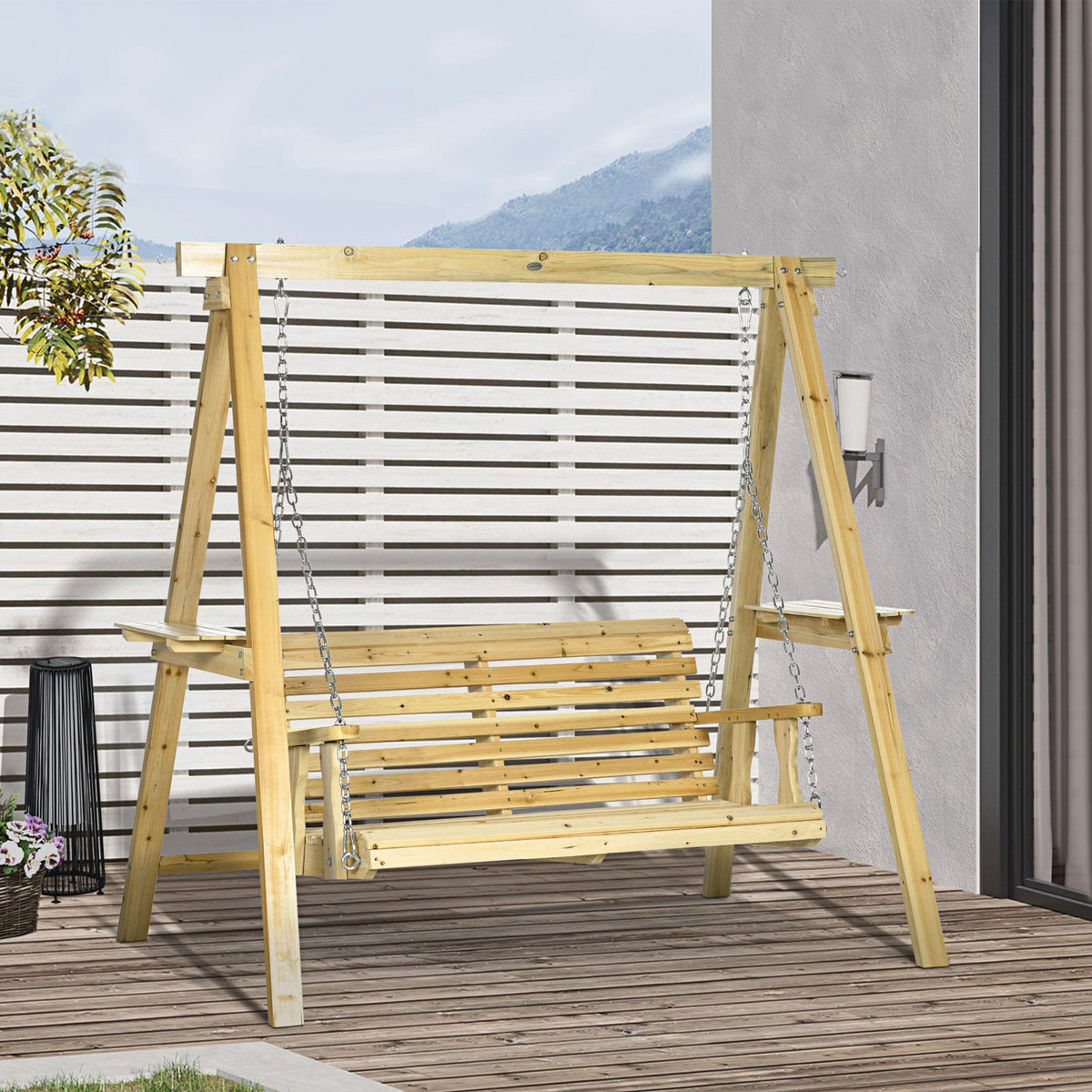 OUTSUNNY Balancelle de jardin 2 places en bois hauteur réglable - 196 x 120 x 171 cm