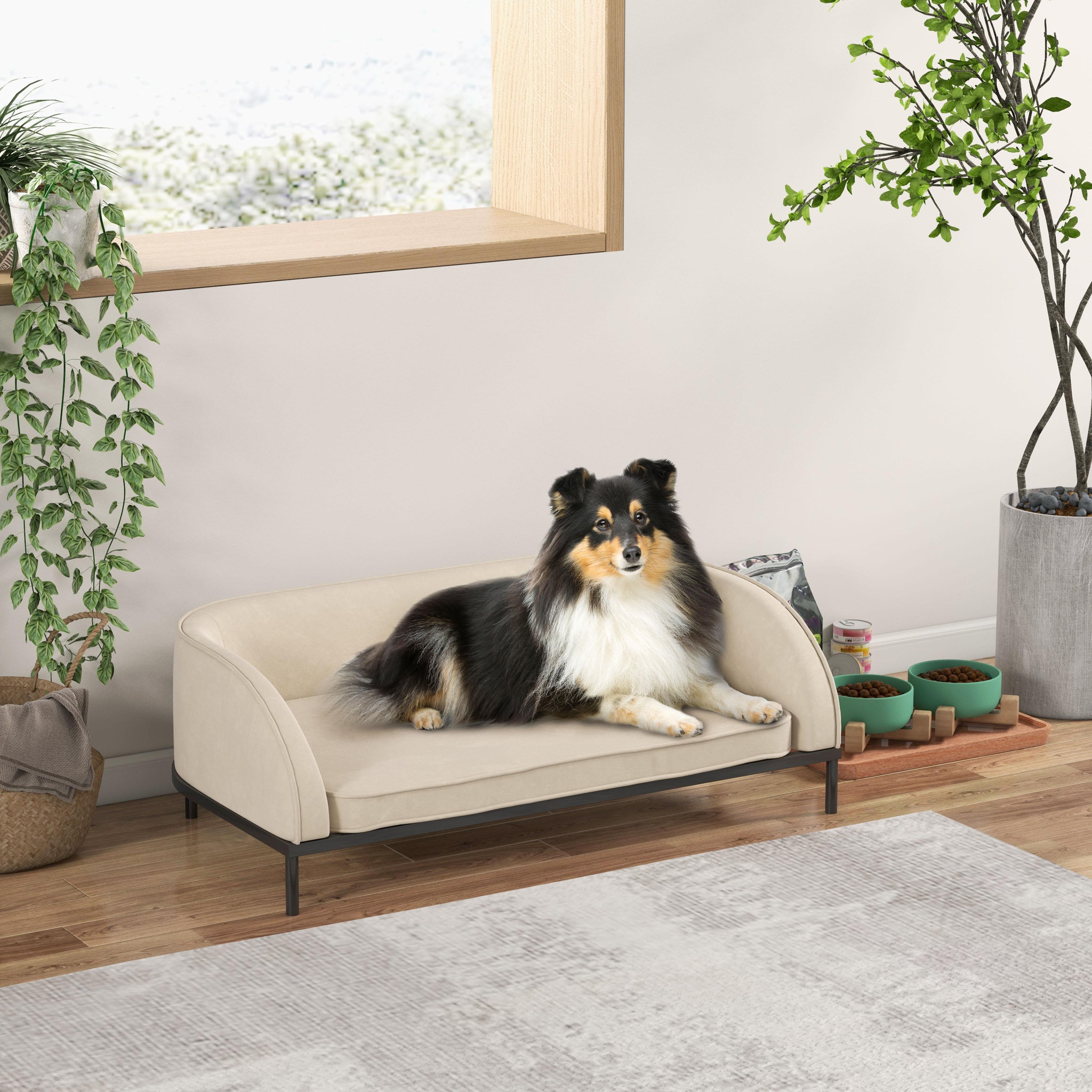 Voir la diapositive 2 : PAWHUT Canapé chien lit pour chien chat design contemporain dim. 101L x 62P x 34H cm coussin moelleux velours beige