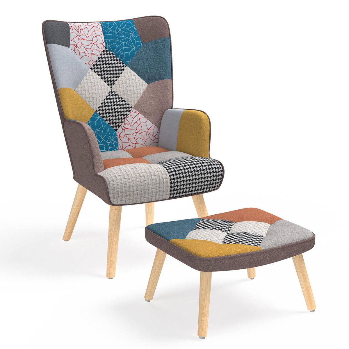 ID MARKET Fauteuil scandinave IVAR avec repose pieds en tissu patchwork multicouleurs