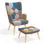 Voir la diapositive 1 : ID MARKET Fauteuil scandinave IVAR avec repose pieds en tissu patchwork multicouleurs