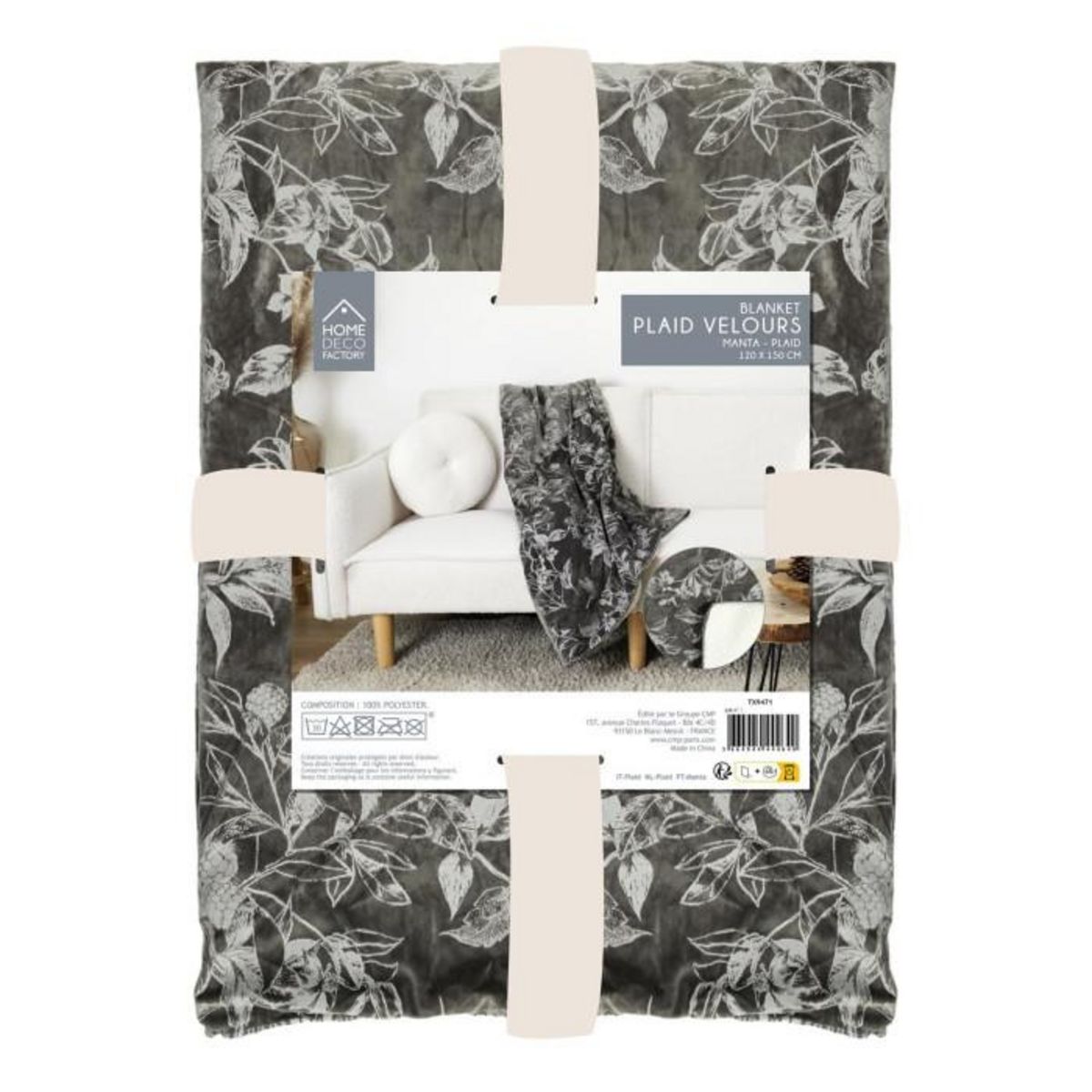 Paris Prix Plaid Velours Imprimé  Végétal  120x150cm Gris