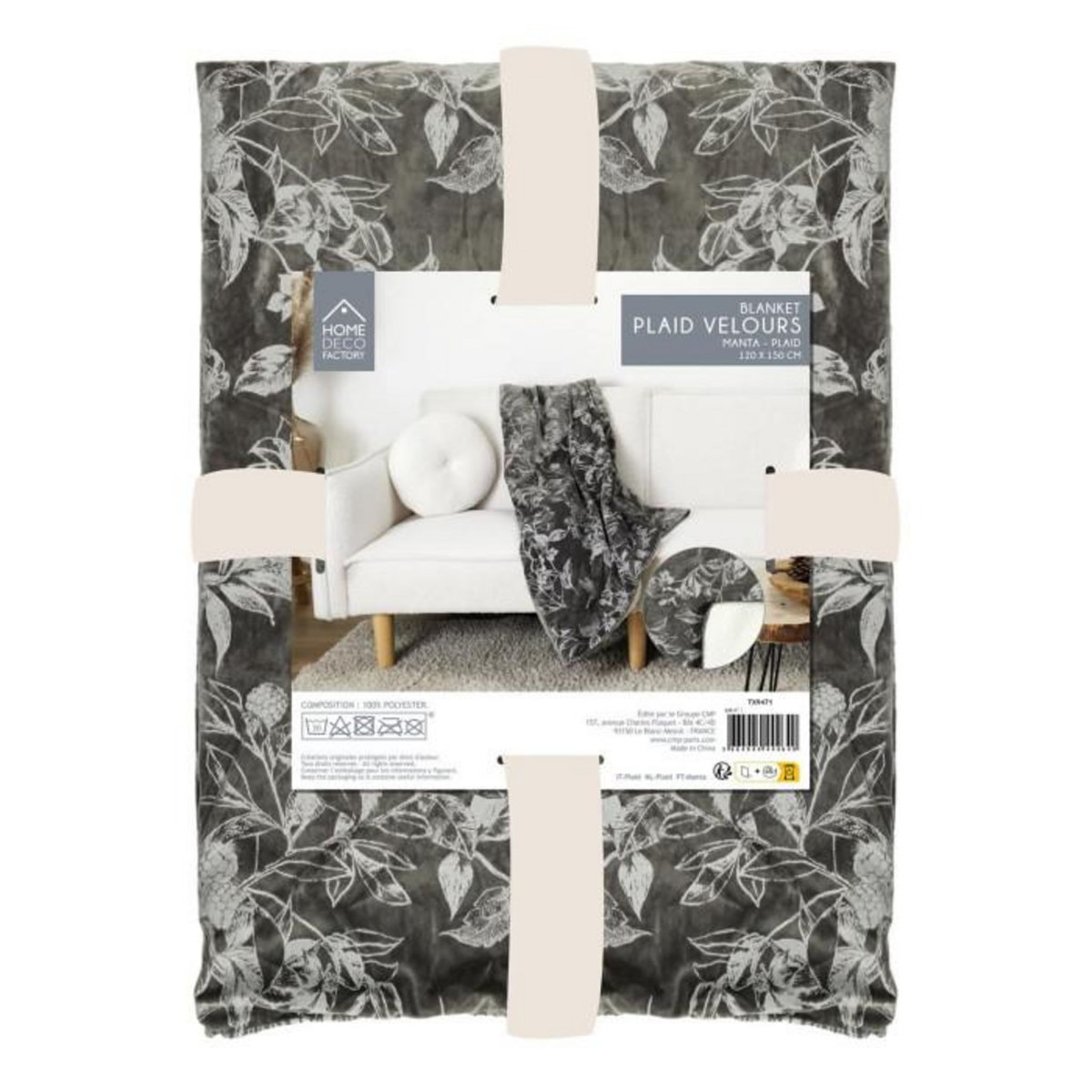 Paris Prix Plaid Velours Imprimé  Végétal  120x150cm Gris