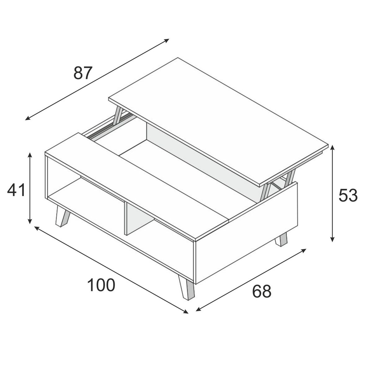 Table basse avec plateau central relevable ZAI, blanc brillant et chêne