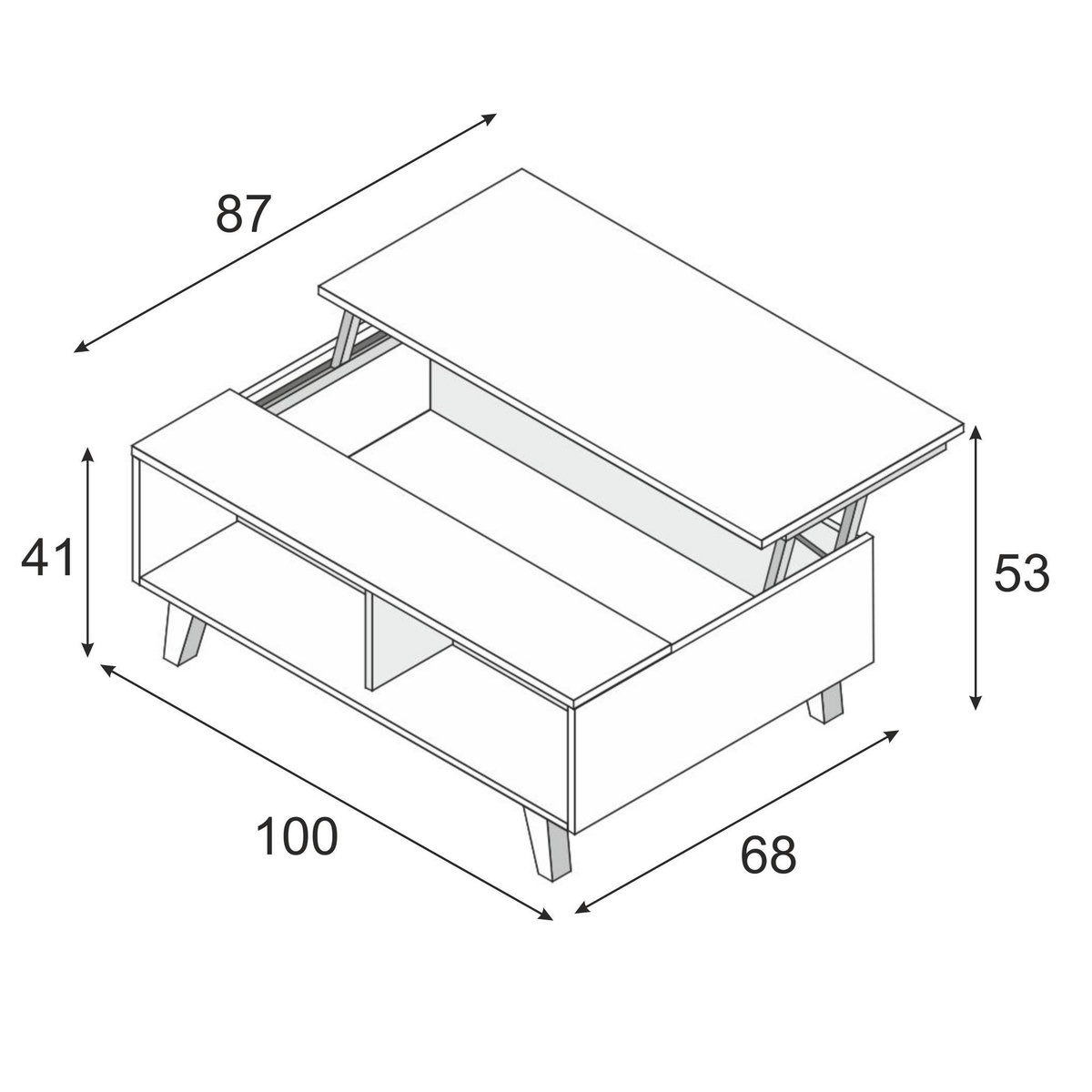 Table basse avec plateau central relevable ZAI, blanc brillant et chêne