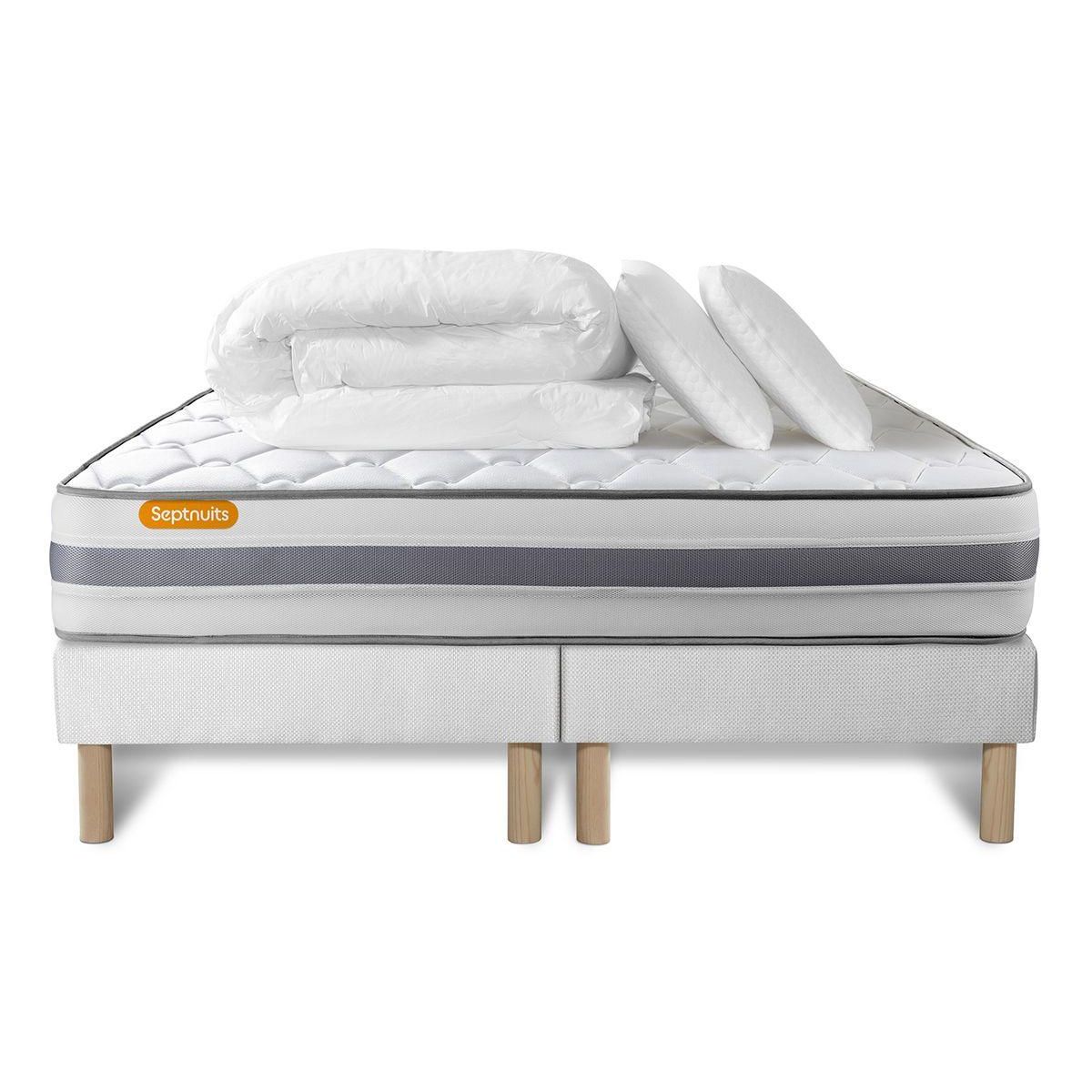 SEPTNUITS Pack matelas + double sommiers Memo Spring Ressorts ensachés 3 zones MAXI épaisseur + Couette + 2 oreillers