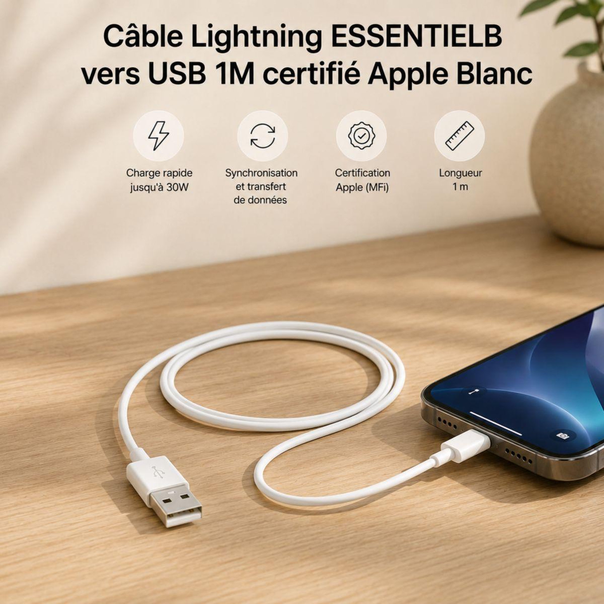 ESSENTIEL B Câble lightning vers usb 1m certifié apple blanc compatible iphone 14 13 12 pro max et ipad