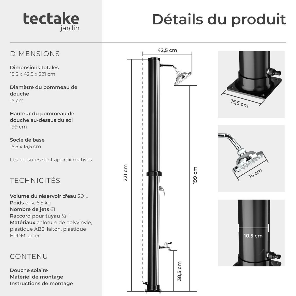 tectake Douche solaire 20 litres noir/gris