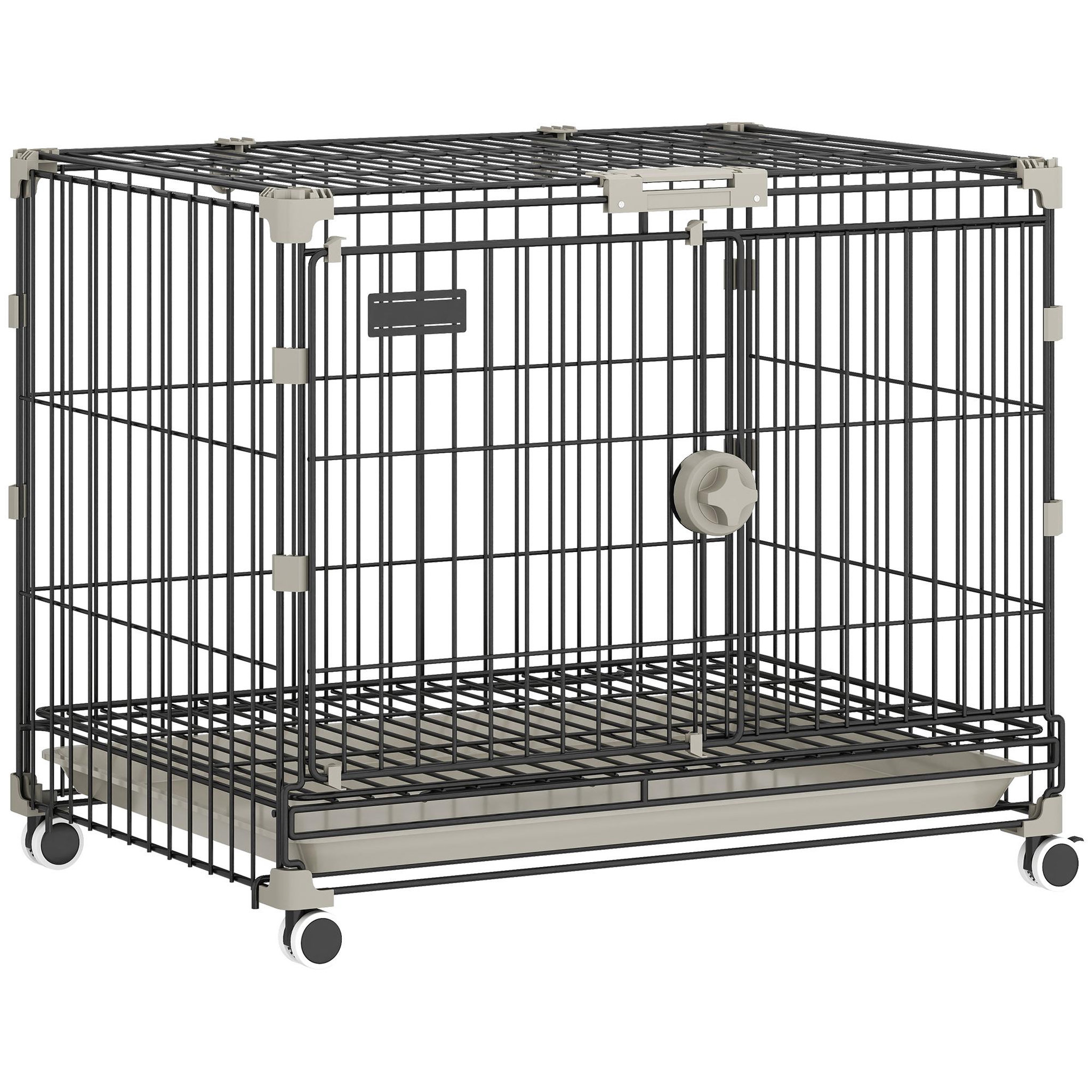 PAWHUT Cage pour chien pliable, plateau amovible, roues avec freins, toit ouvrant verrouillable, porte de nourrissage, niche chien interieur pour petits et moyens chiens, 60,5x45,5x54,5cm, noir