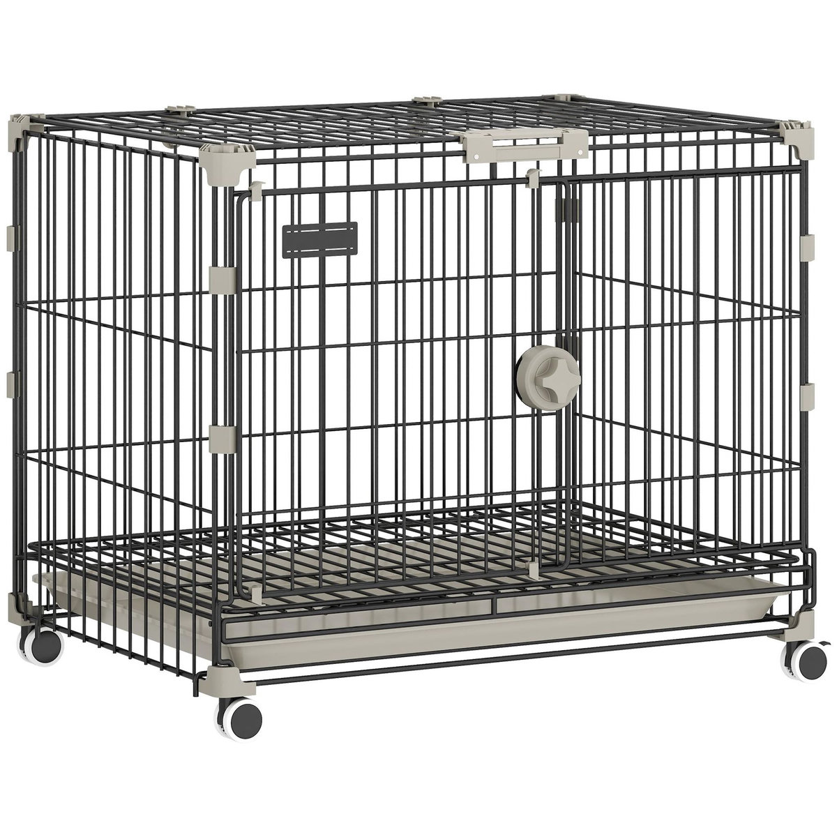 PAWHUT Cage pour Chien Pliable, Plateau Amovible, Roues avec Freins, Toit Ouvrant Verrouillable, Porte de Nourrissage, Niche Chien Interieur pour Petits et Moyens Chiens, 60,5x45,5x54,5cm, Noir