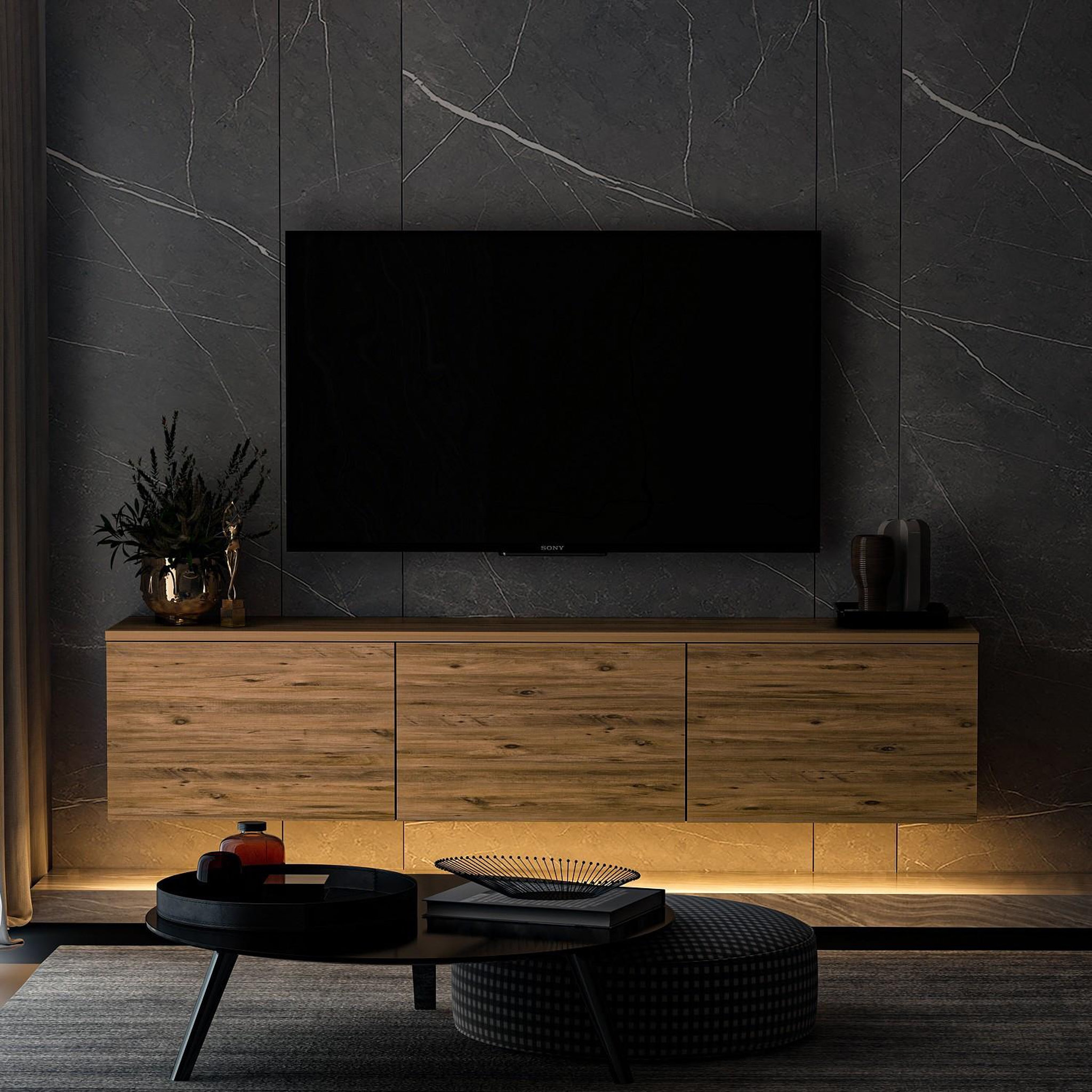 Voir la diapositive 4 : Habitat et Jardin Meuble tv suspendu en bois avec éclairage led  neon illuminated  - 160 x 32 x 35 cm - marron
