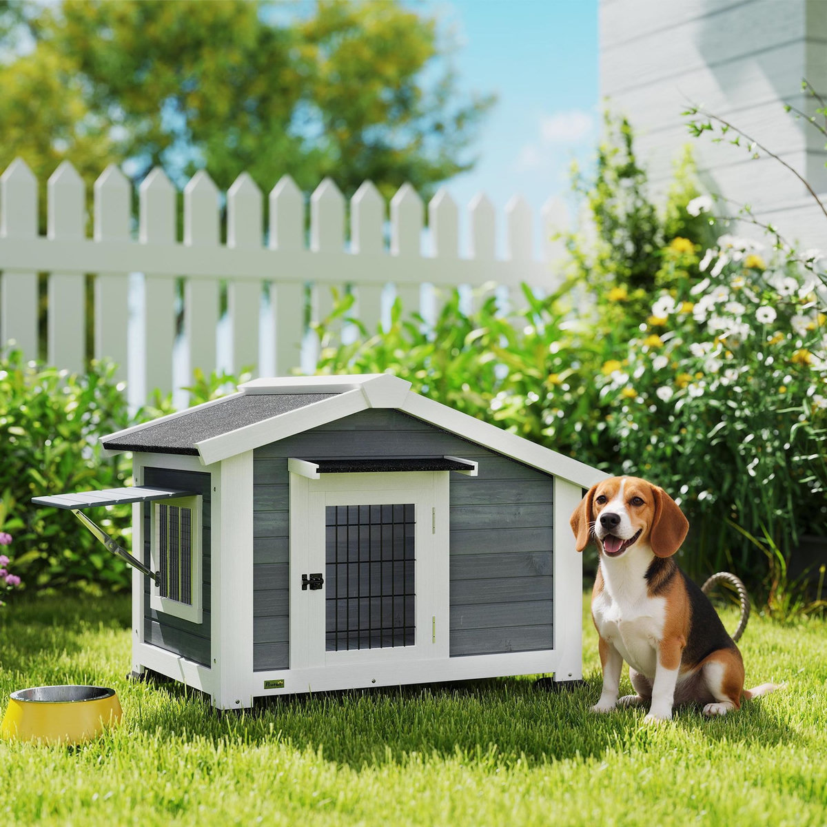 PAWHUT Niche chien bois sur pieds - porte verrouillable, fenêtre volet - marquise et toit bitumé