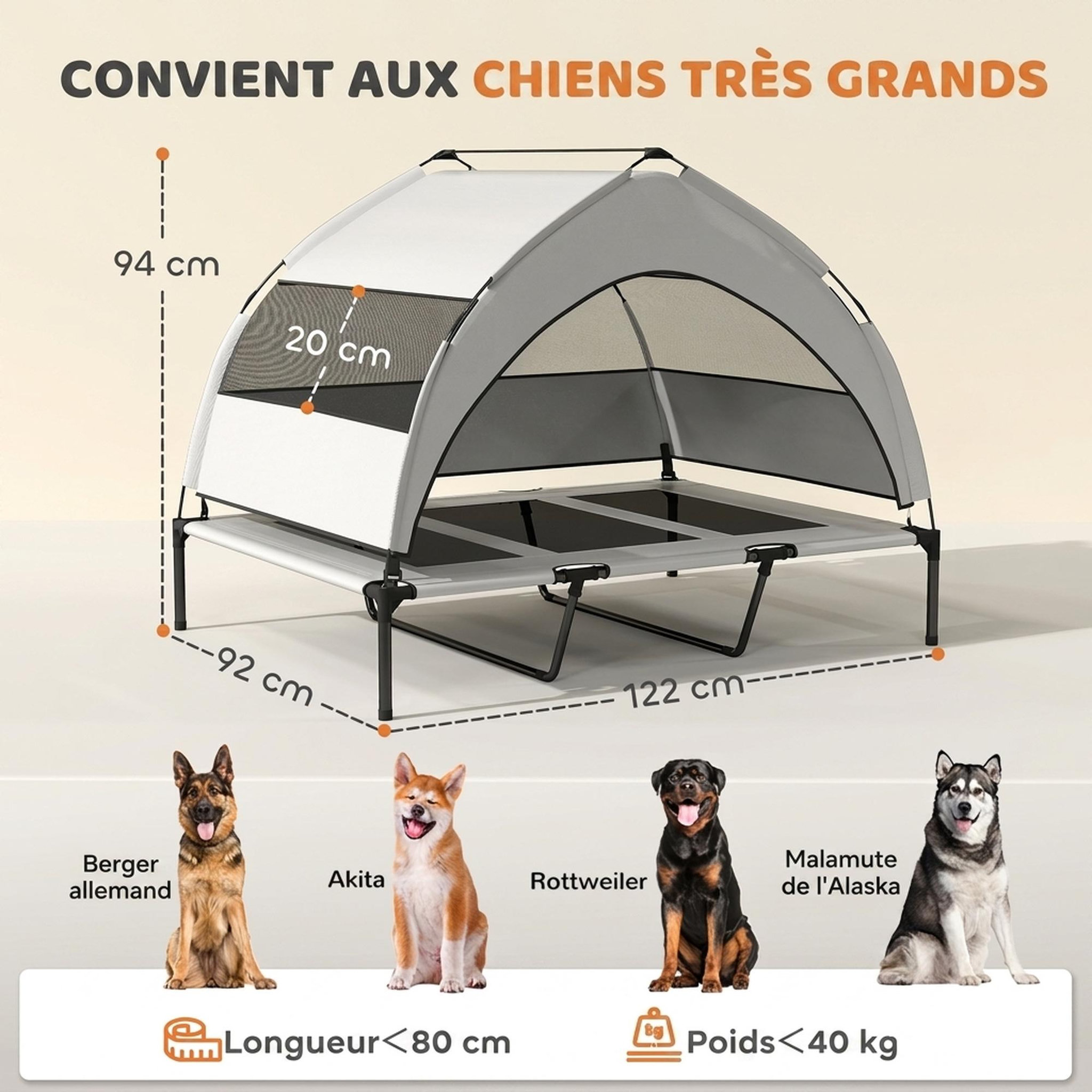 Voir la diapositive 3 : PAWHUT Lit pour chien sur pieds grande taille XXL avec auvent gris