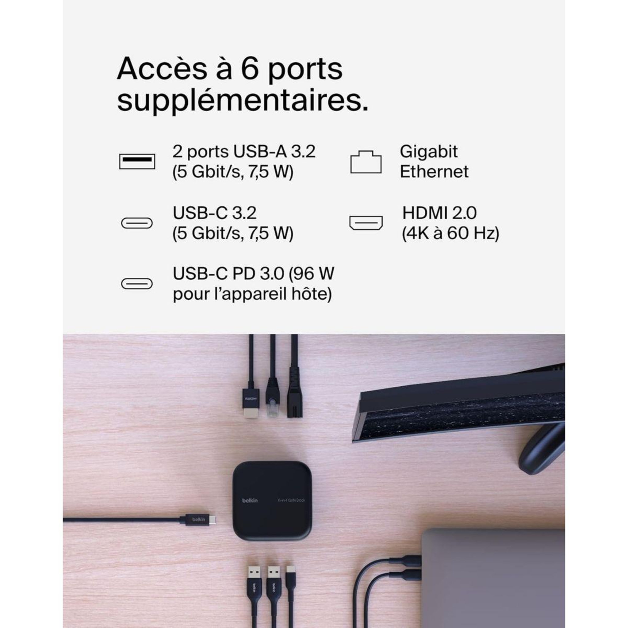 Voir la diapositive 4 : Belkin Station d'accueil usb-c 6 en 1 dock core 130w