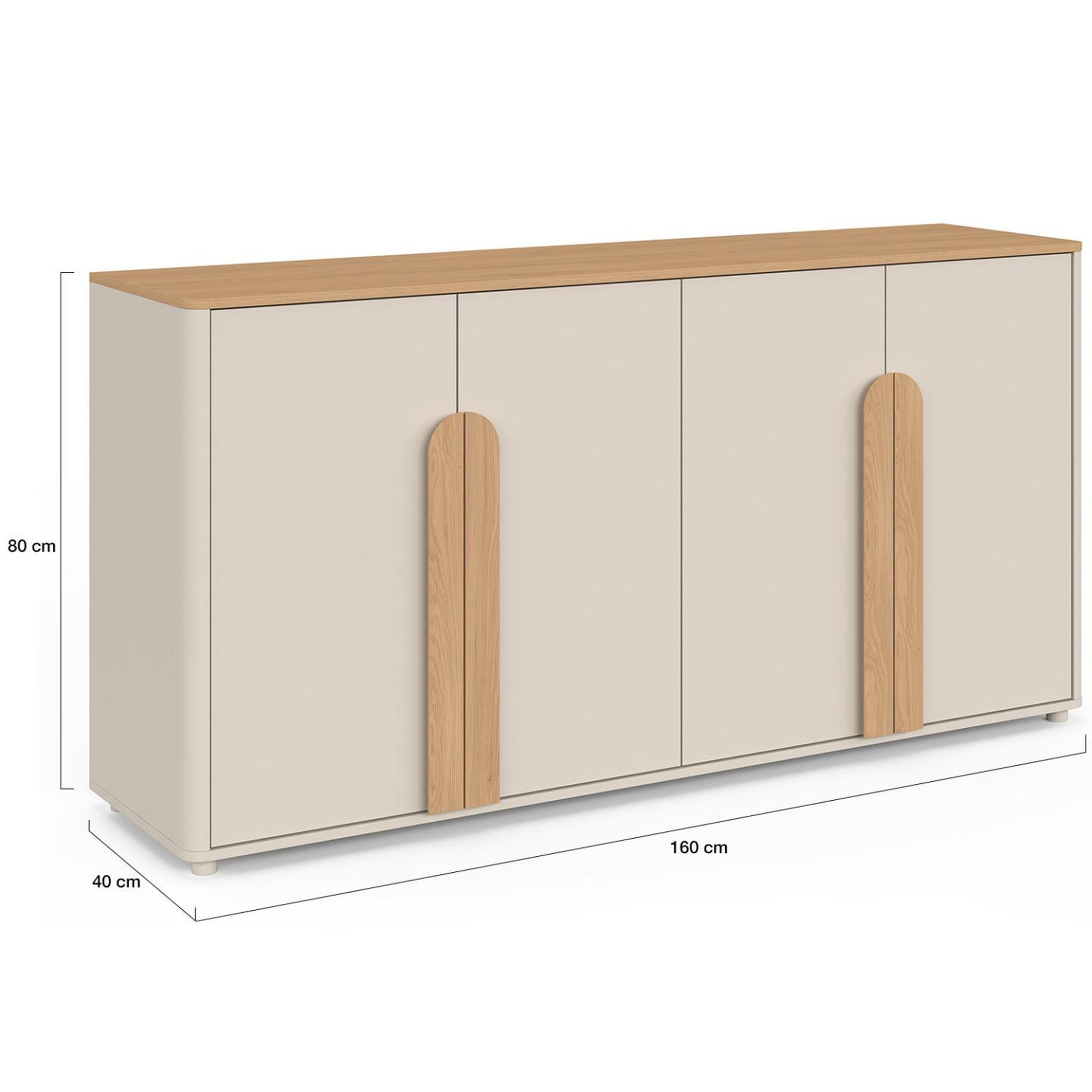 Voir la diapositive 5 : ID MARKET Buffet 160 cm tirana 4 portes avec grandes poignées beige et bois clair