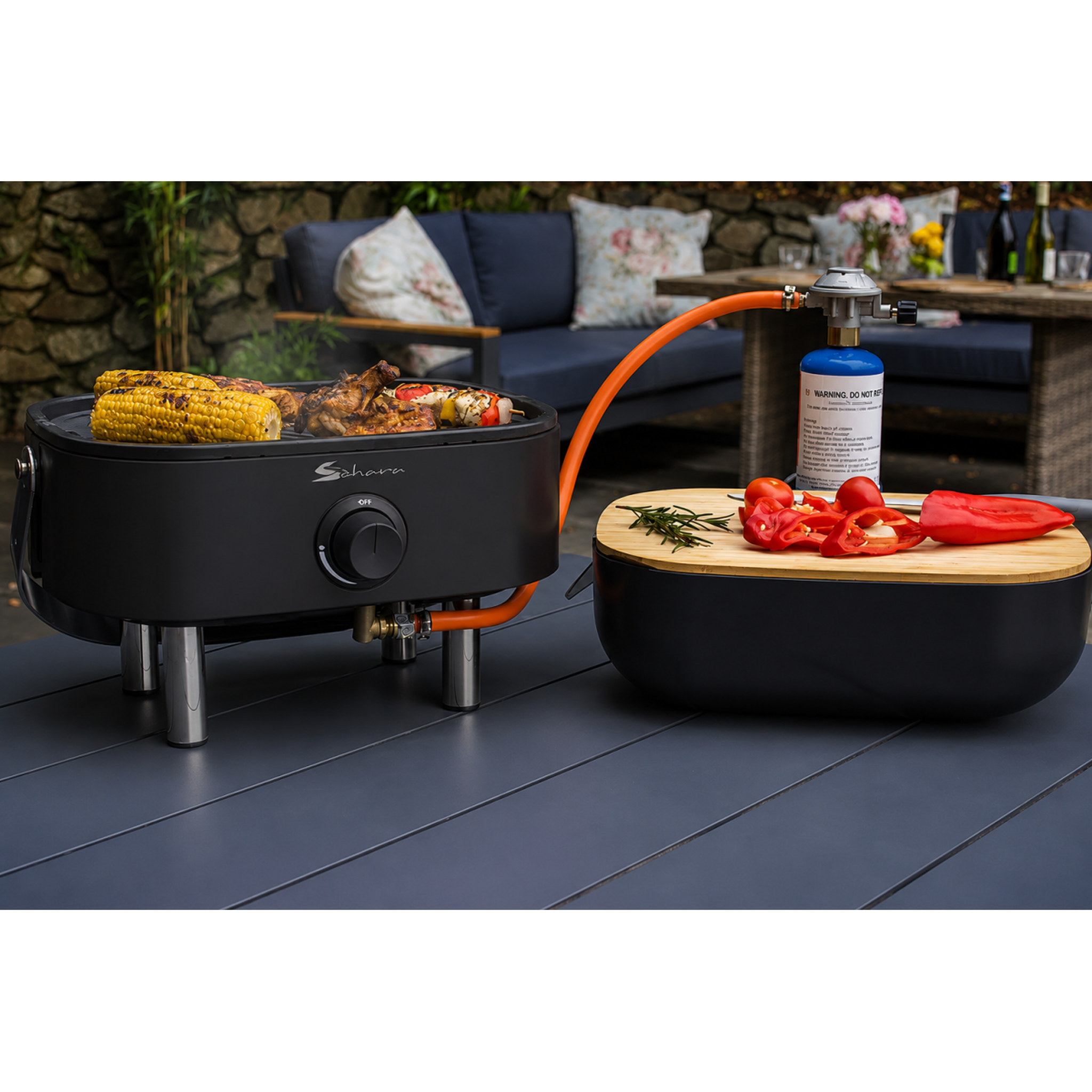 Voir la diapositive 6 : SAHARA Barbecue à gaz portable compact 2,7kw grille en fonte mini barbecue de table noir planche à découper bois 2 à 4 personnes sahara