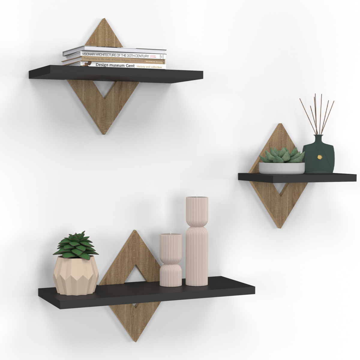 ID MARKET Lot de 3 étagères murales IRIS façon hêtre et noir
