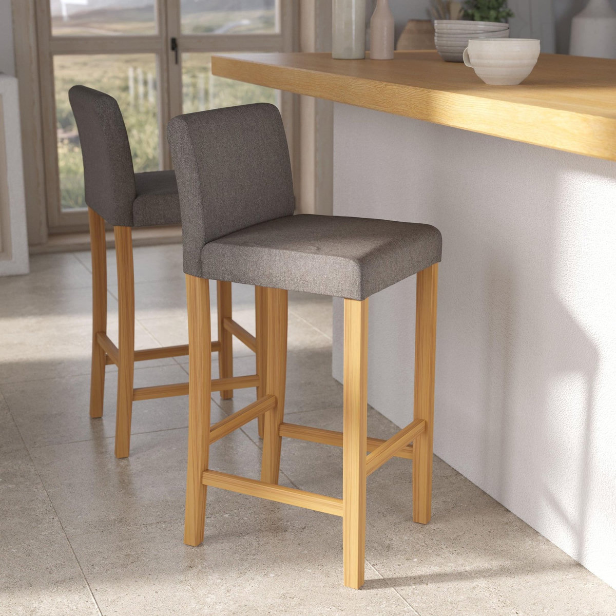 Rendez vous déco Lot de 2 chaises de bar en tissu gris foncé et pieds en bois 75 cm - Havane