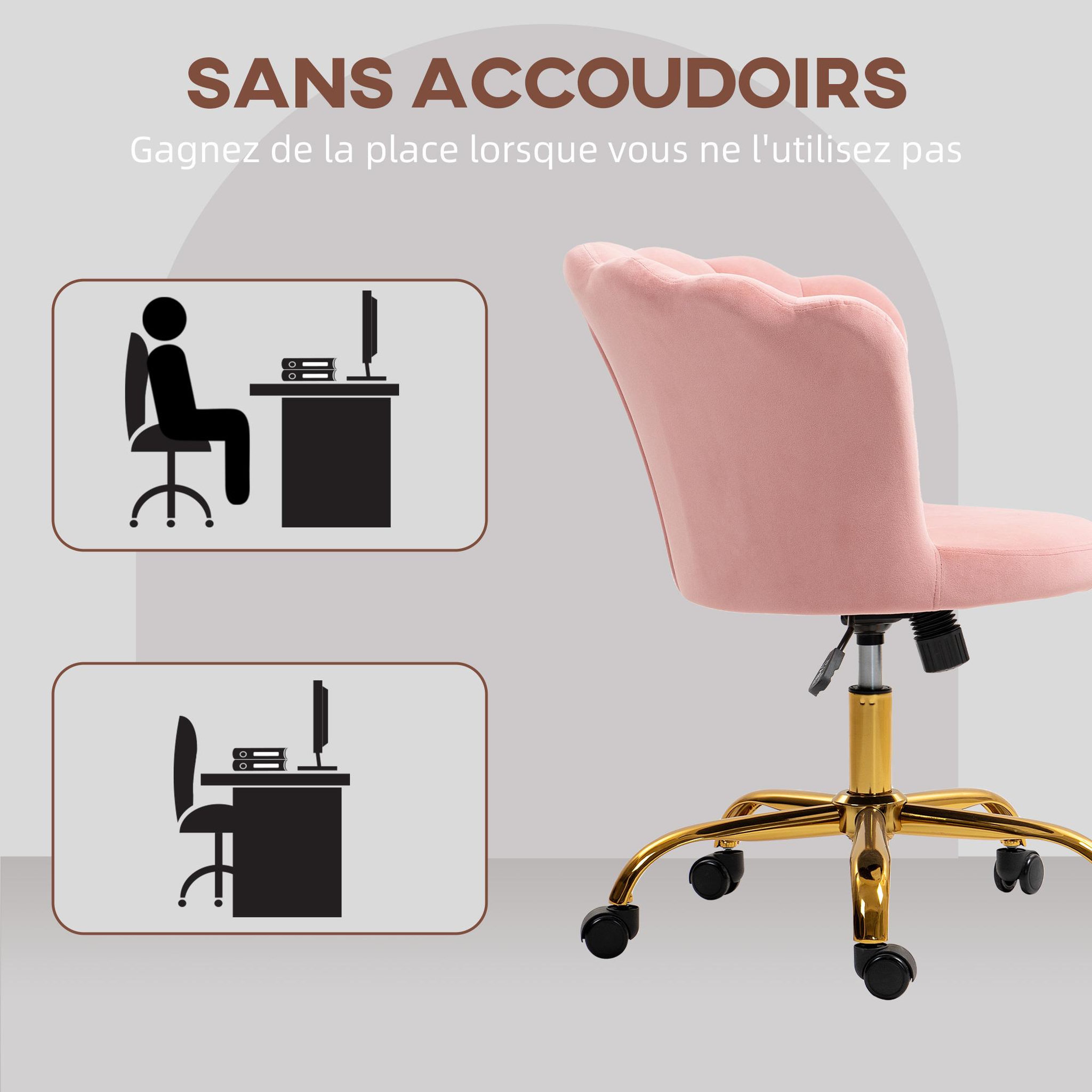 Voir la diapositive 4 : HOMCOM Chaise bureau velours design coquillage piètement acier doré rose poudré