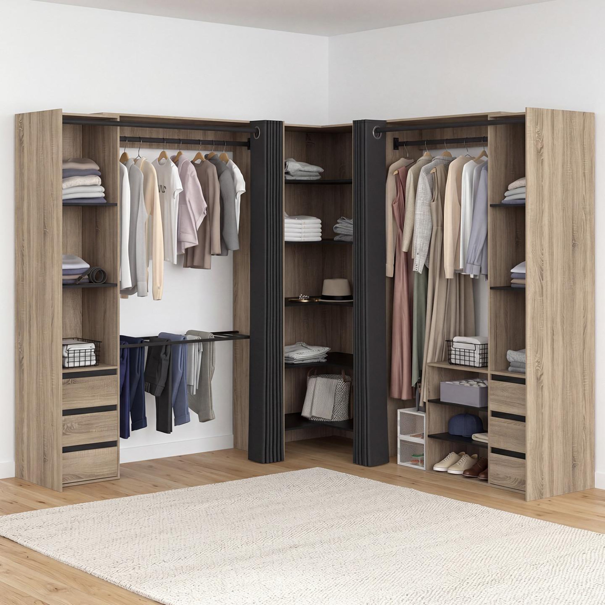 Voir la diapositive 2 : ID MARKET Dressing extensible d'angle marlon 220 x 220 x 180 cm hêtre avec penderies + porte pantalon + étagères + tiroirs + rideaux noirs