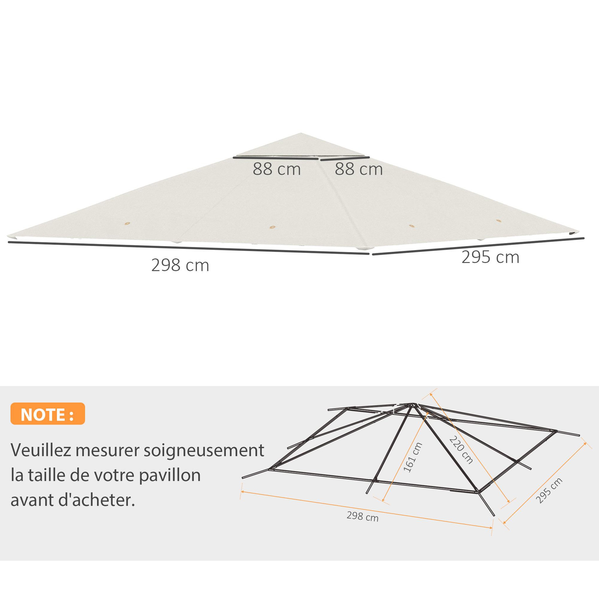 Voir la diapositive 3 : OUTSUNNY Toile de rechange pour pavillon tonnelle tente 3 x 3 m polyester haute densité 180 g/m² revêtement PA anti-UV crème