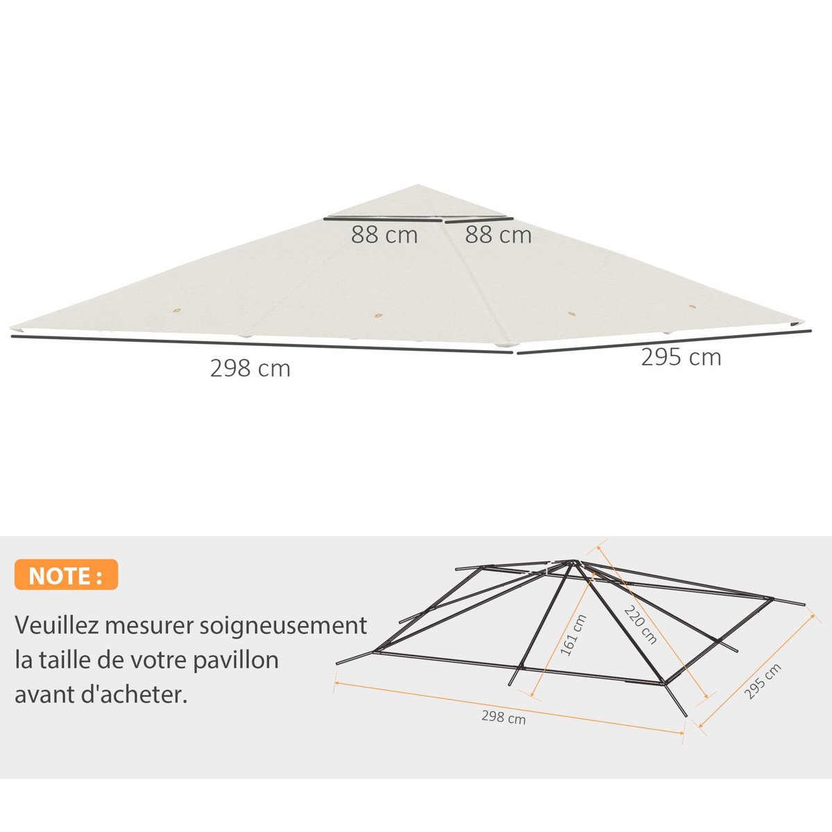 OUTSUNNY Toile de rechange pour pavillon tonnelle tente 3 x 3 m polyester haute densité 180 g/m² revêtement PA anti-UV crème