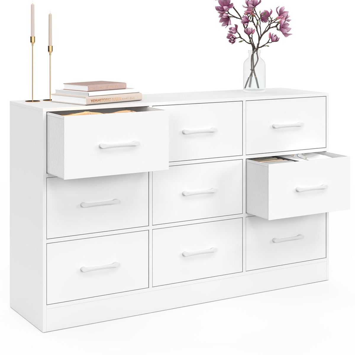 ID MARKET Commode 9 tiroirs en tissu UPPAH 113 cm meuble de rangement bois blanc