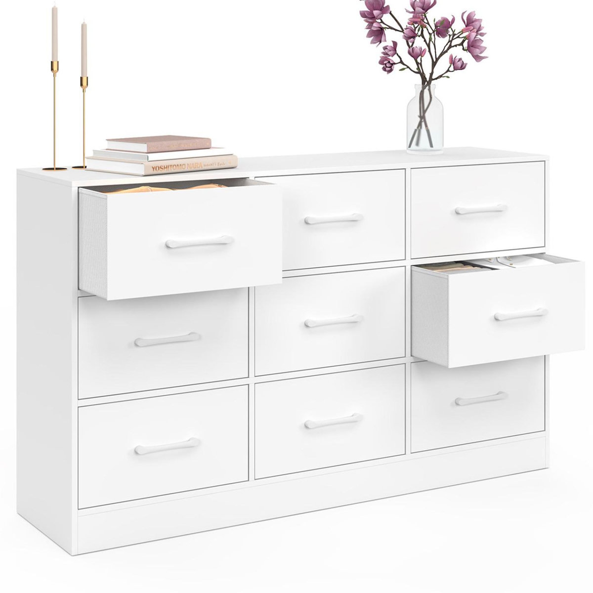 ID MARKET Commode 9 tiroirs en tissu UPPAH 113 cm meuble de rangement bois blanc