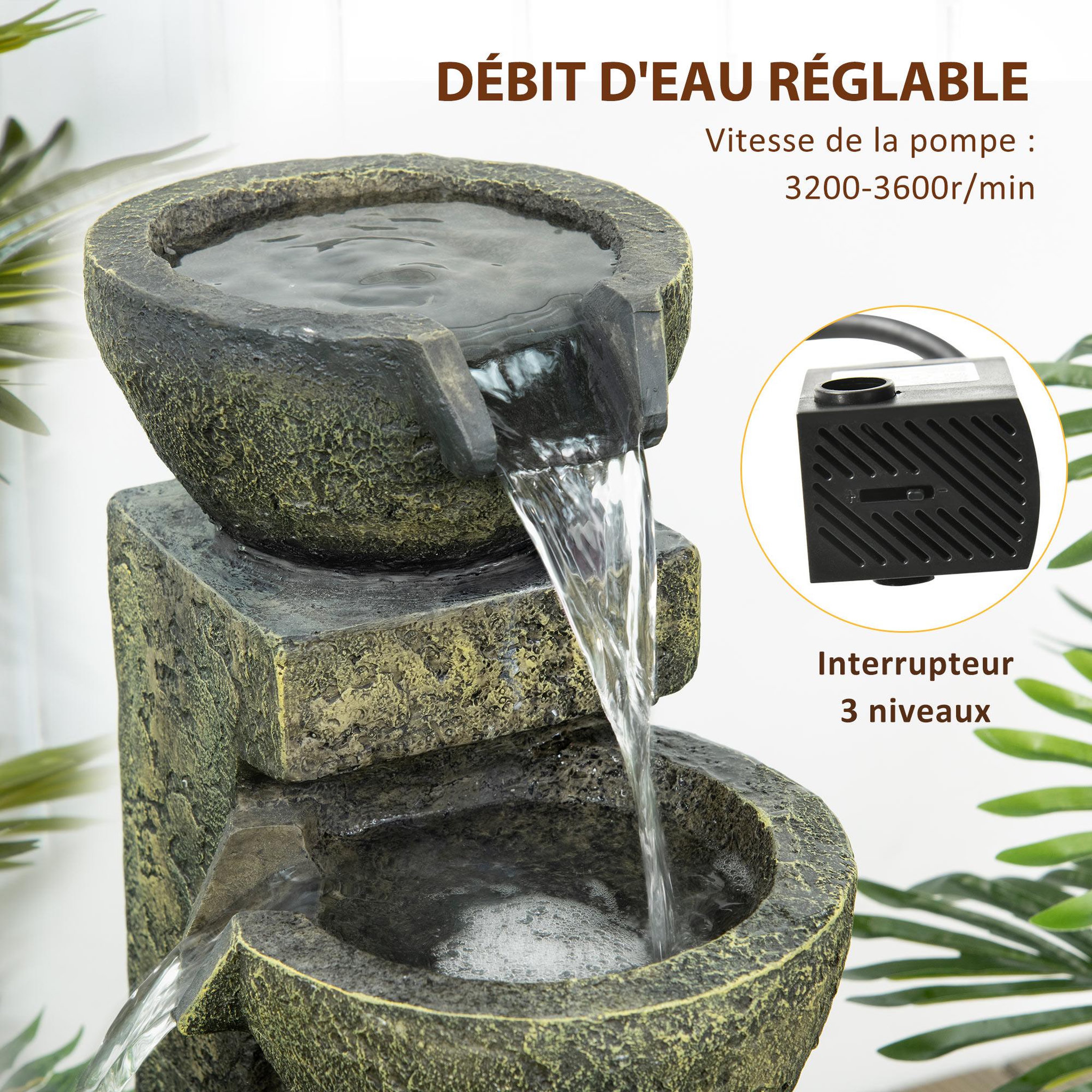 Voir la diapositive 5 : OUTSUNNY Fontaine de jardin cascade 4 pots débit réglable pompe à eau submersible incluse résine noir bronze vieilli