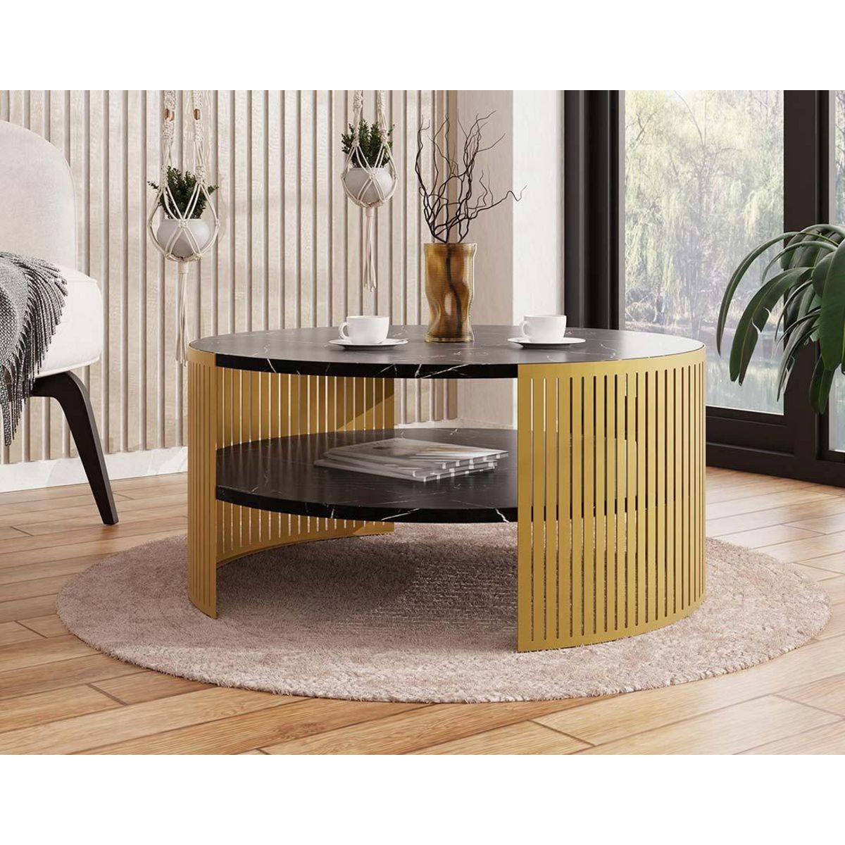 BEST MOBILIER Cruz - table basse ronde - effet marbre noir et doré - 1 niche - 75 cm