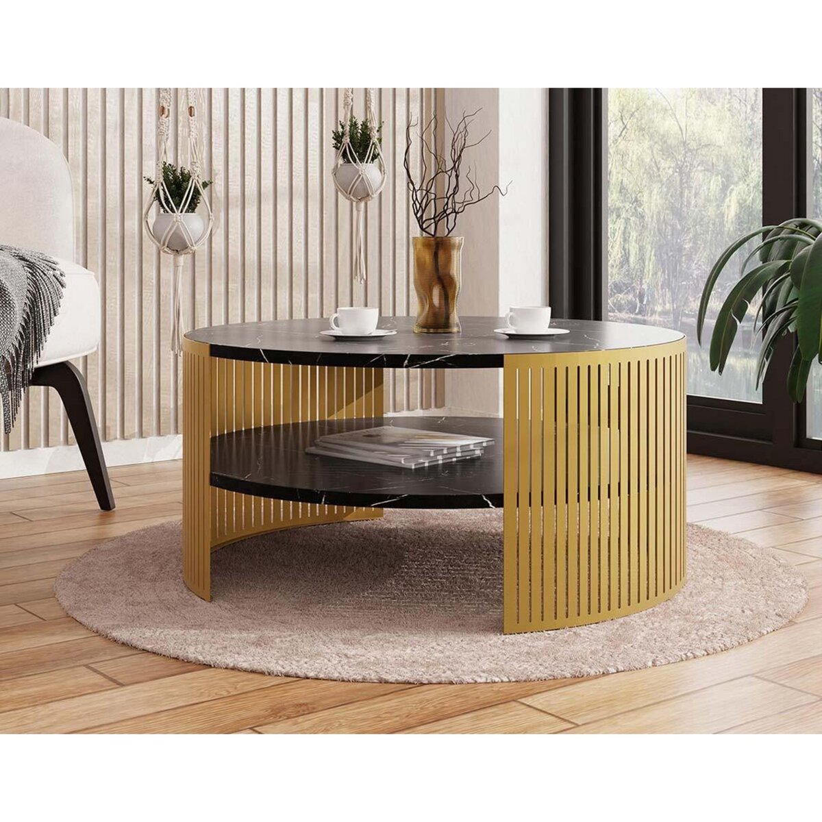 BEST MOBILIER Cruz - table basse ronde - effet marbre noir et doré - 1 niche - 75 cm