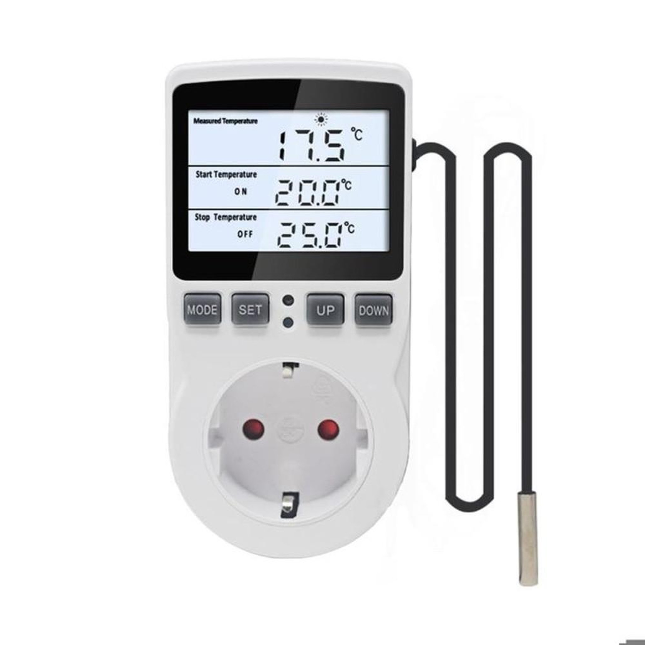 Thermostat digital à prise plug-in avec sonde NTC 3 m, écran LCD rétroéclairé réglable, mode chauffage ou refroidissement, programmation jusqu'à 99 h 59, 16A
