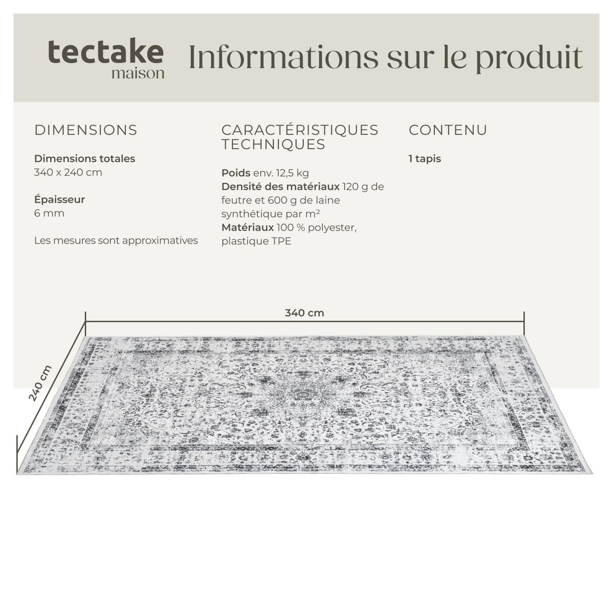 tectake Tapis design vintage à poils courts en laine synthétique et feutre gris 240 x 340 cm