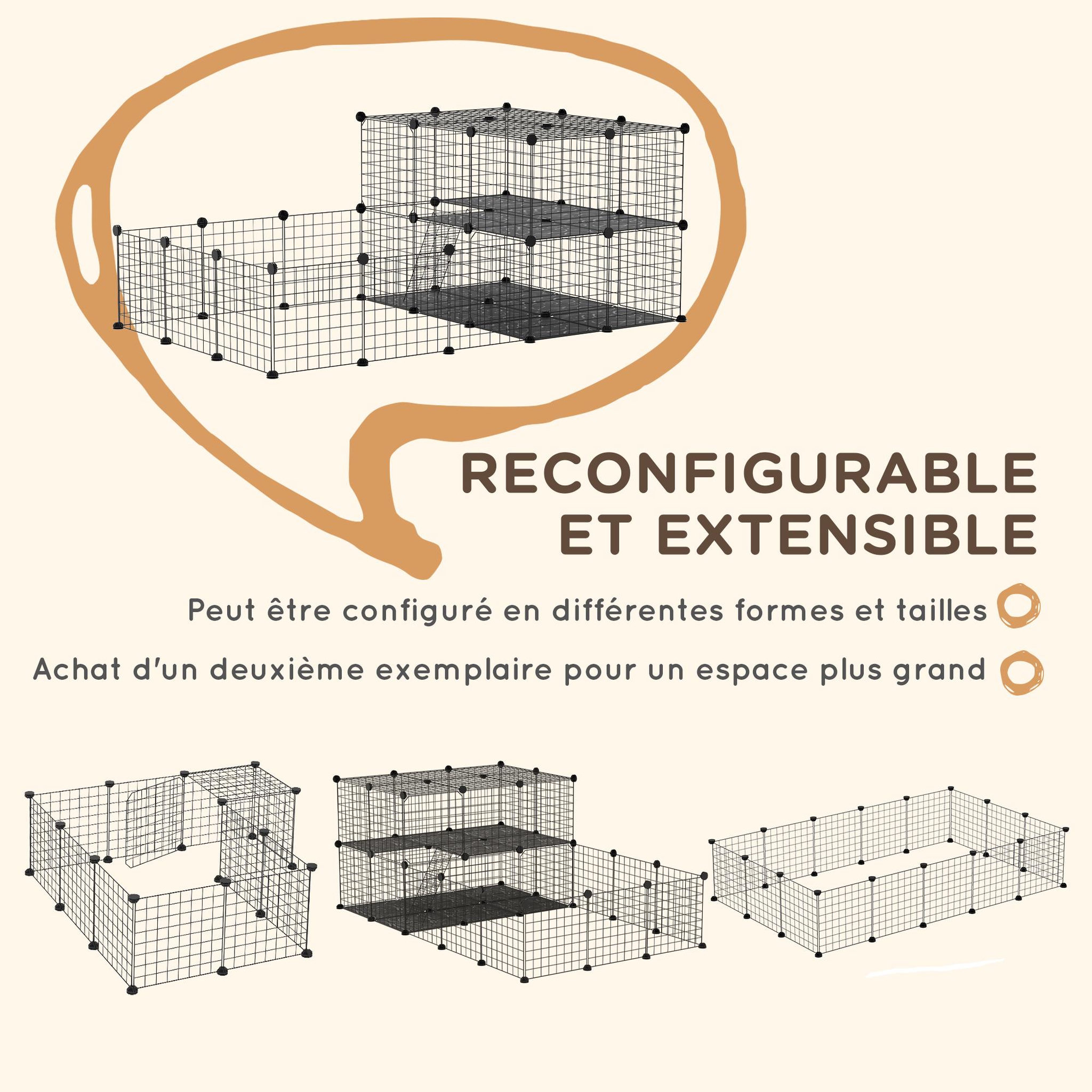 Voir la diapositive 4 : PAWHUT Cage parc enclos rongeurs modulable dim. L 175 x l 105 x h 70 cm 2 niveaux 2 portes rampe résine pp fil métallique noir
