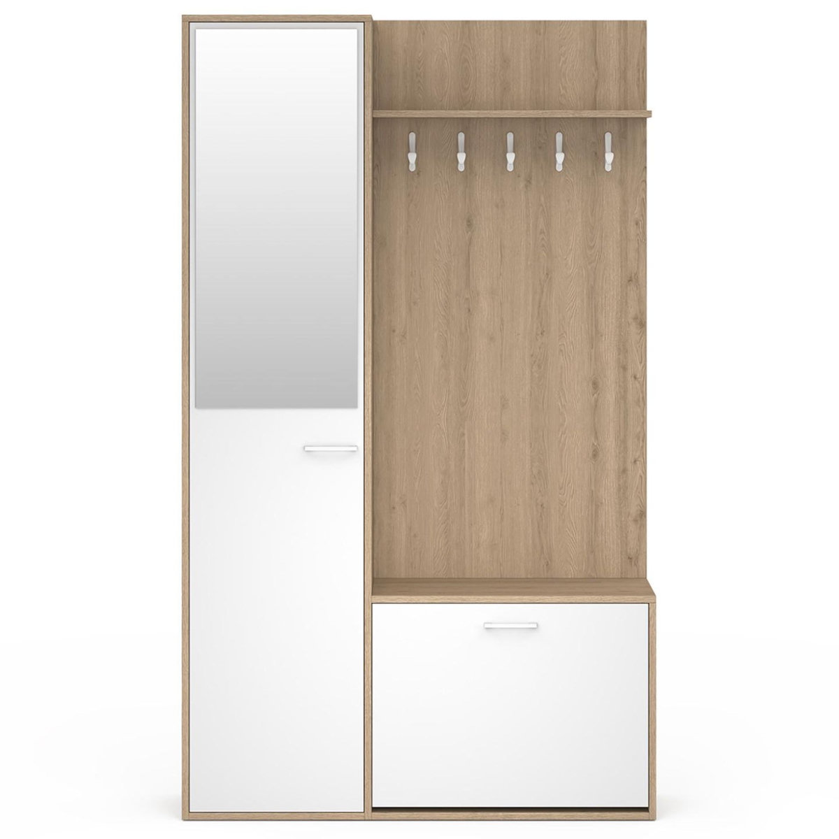ID MARKET Vestiaire d'entrée rangement chaussures avec miroir et étagères MAHAUT 1 porte effet bois et blanc