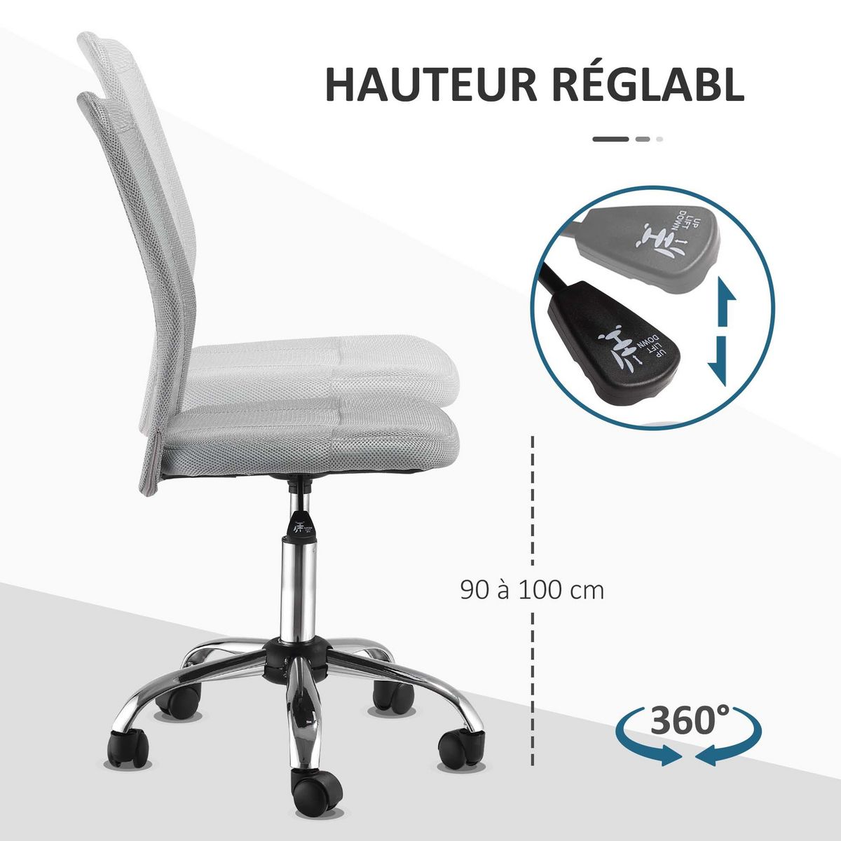 VINSETTO Vinsetto Chaise de bureau ergonomique hauteur réglable piètement chromé pivotant 360° revêtement maille gris