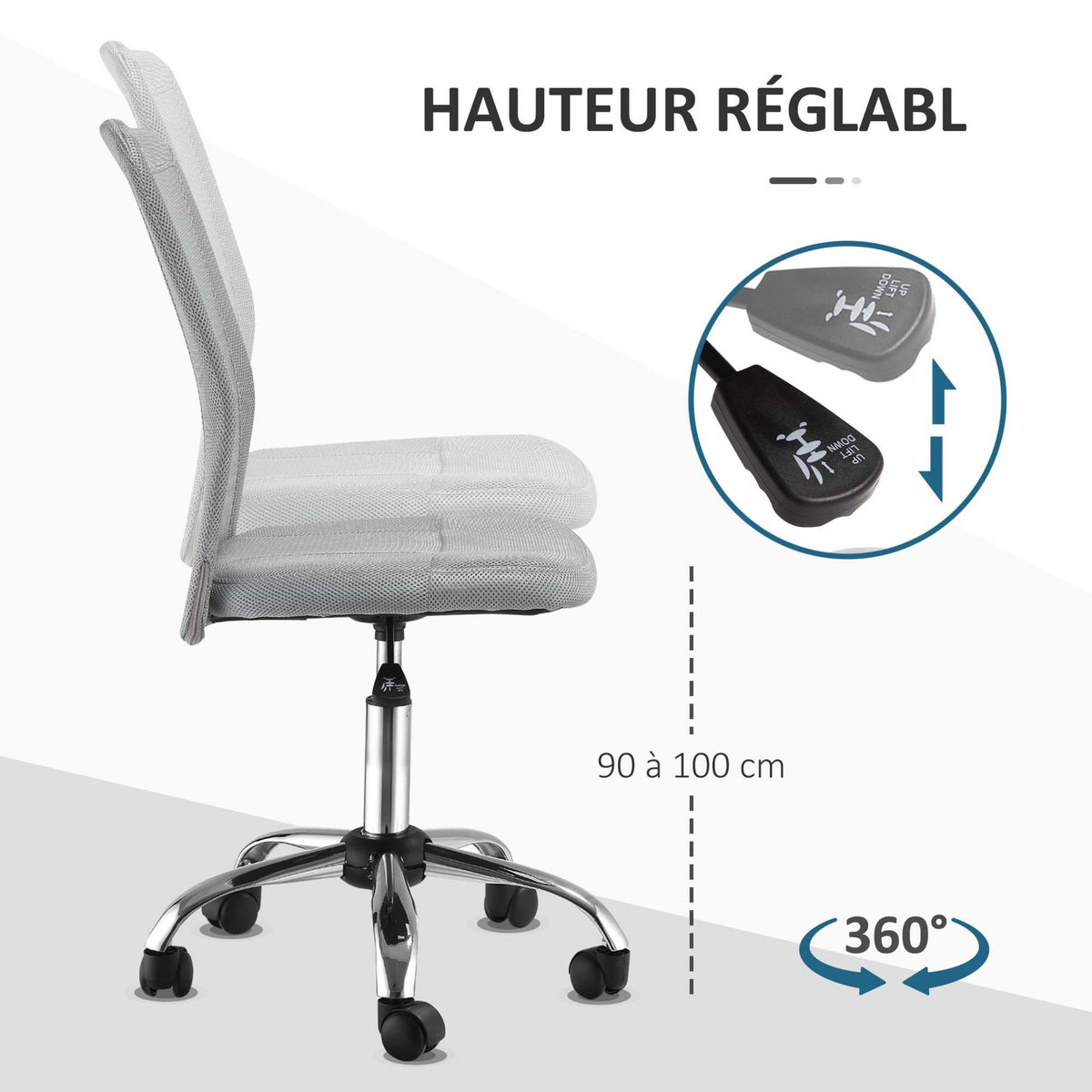 VINSETTO Vinsetto Chaise de bureau ergonomique hauteur réglable piètement chromé pivotant 360° revêtement maille gris