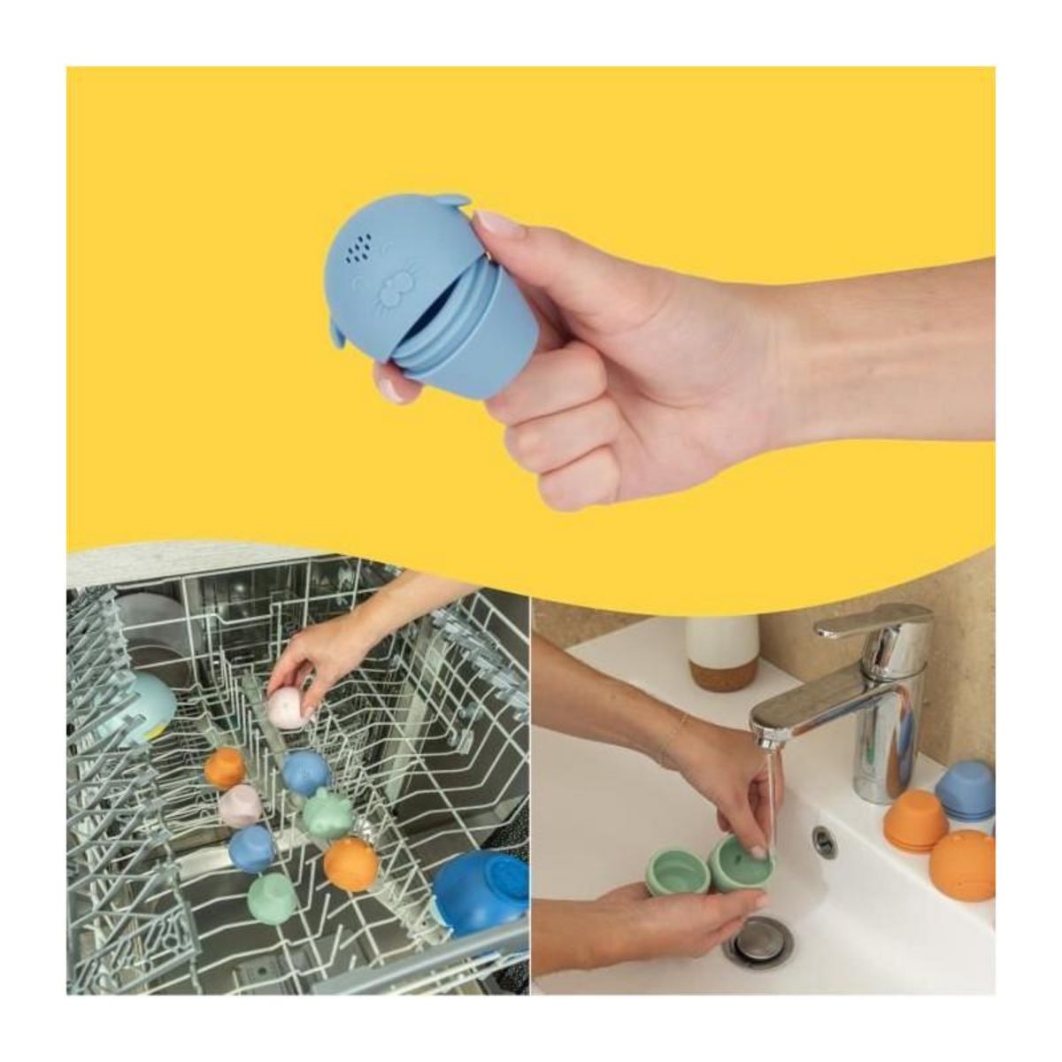 BADABULLE Badabulle Lot de 4 Aspergeurs de bain - Jouets de Bain en Silicone Souple - S'ouvrent pour etre lavés