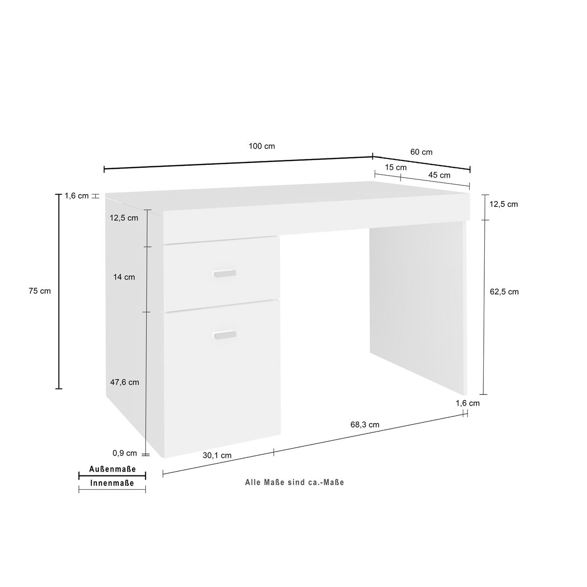 Bureau 1 porte 1 tiroir avec plateau coulissant et rangement 100 cm TAVIANO