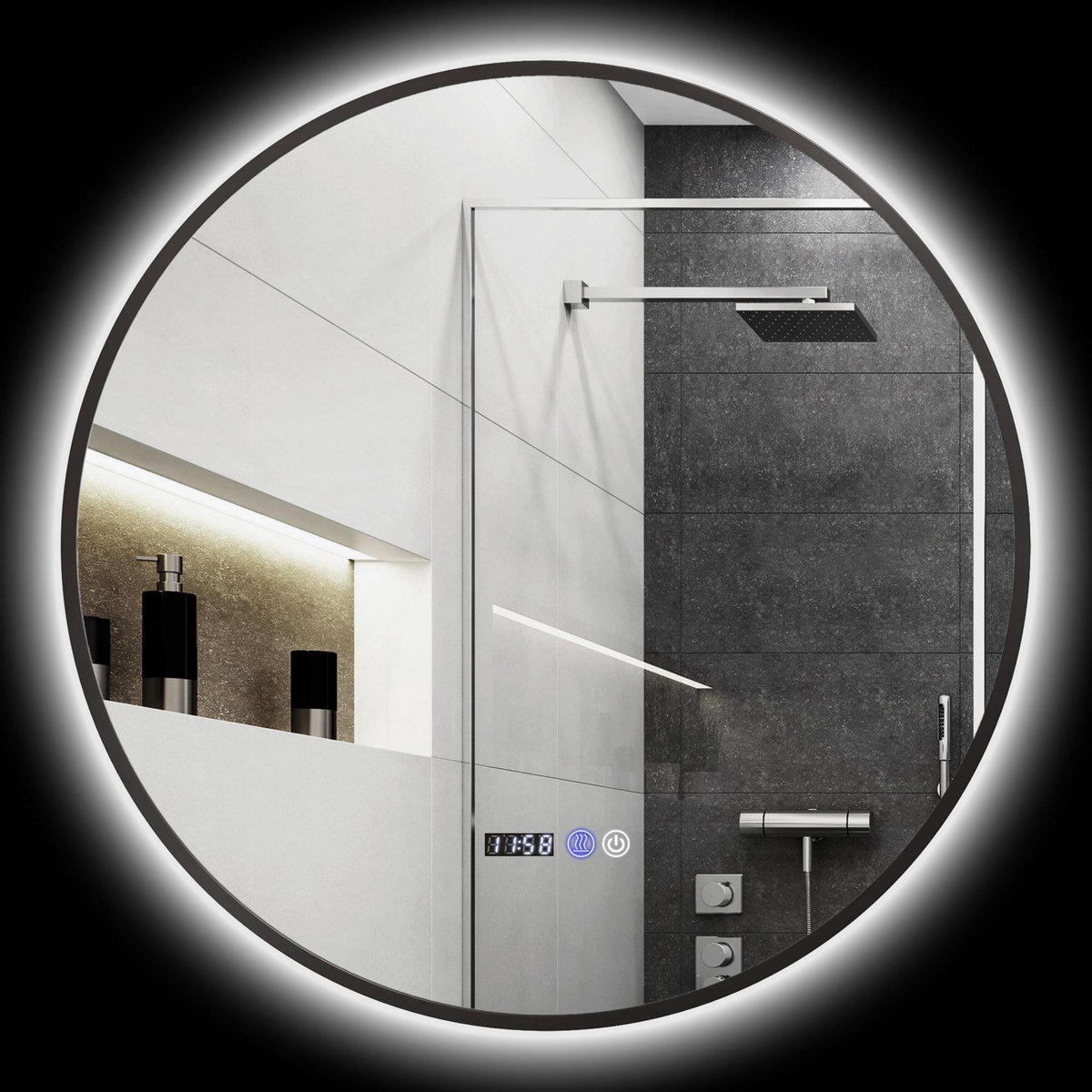 HOMCOM Miroir LED rond salle de bain Ø 70 cm - luminosité réglable, fonction anti-buée, tactile, affichage heure-température - métal noir