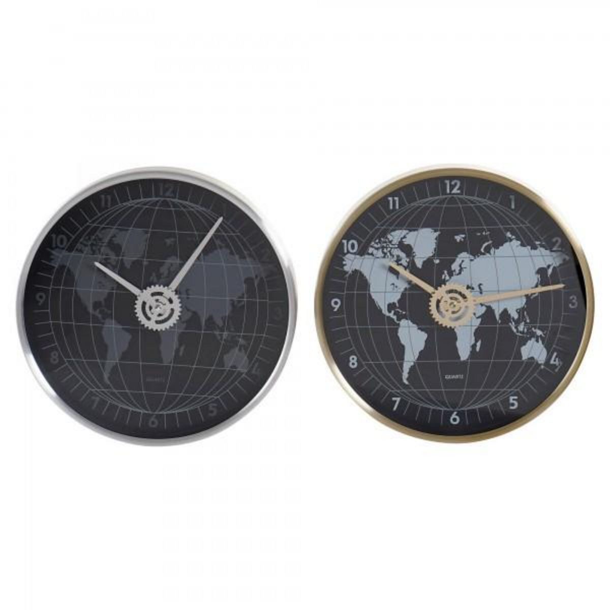 AAAAA Horloge Murale DKD Home Decor Noir Doré Argenté Aluminium Verre Mappemonde 30 x 4,3 x 30 cm (2 Unités)
