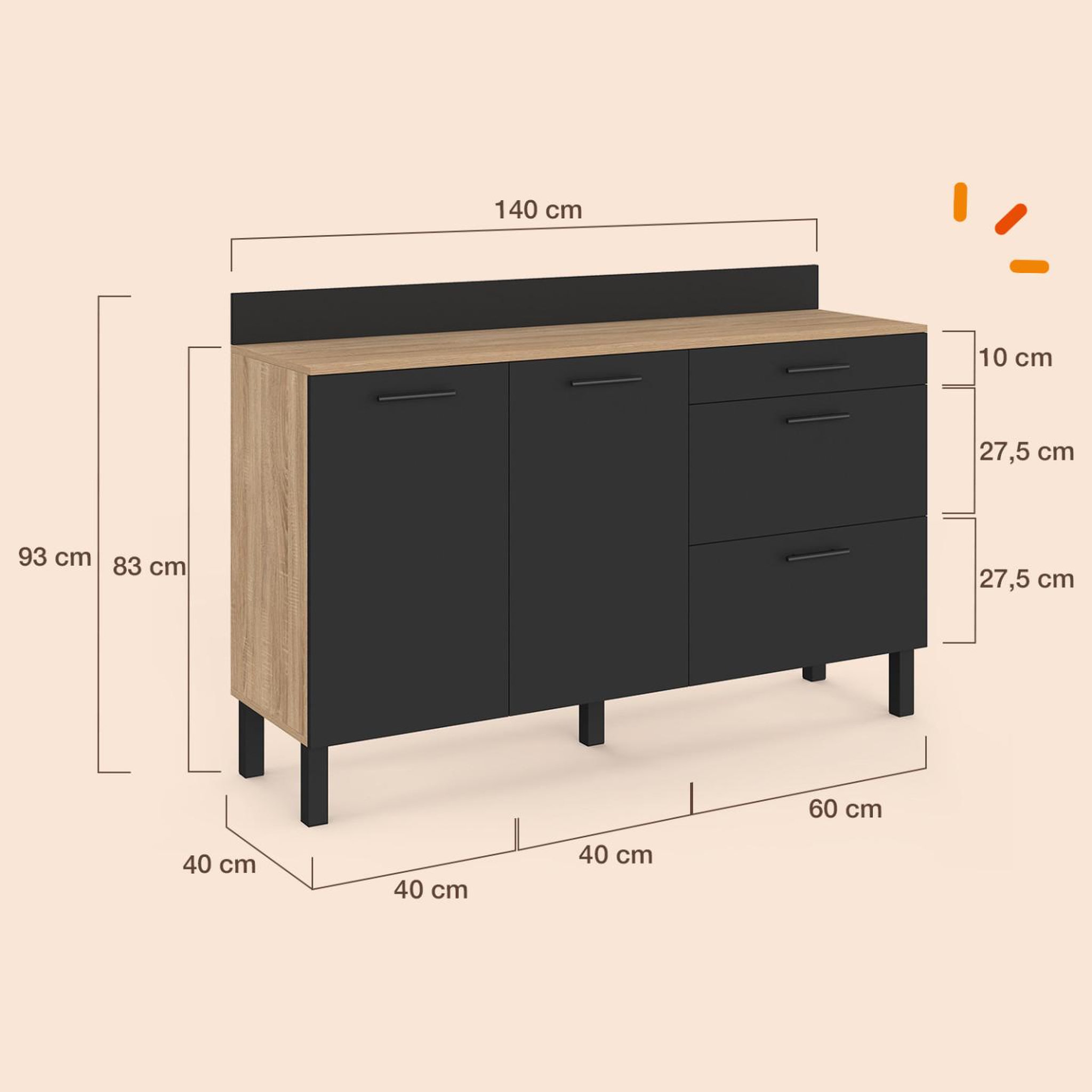 Voir la diapositive 5 : ID MARKET Buffet bas casserolier de cuisine 140 cm CINA plan de travail H.83 cm 2 portes + 3 tiroirs hêtre et noir