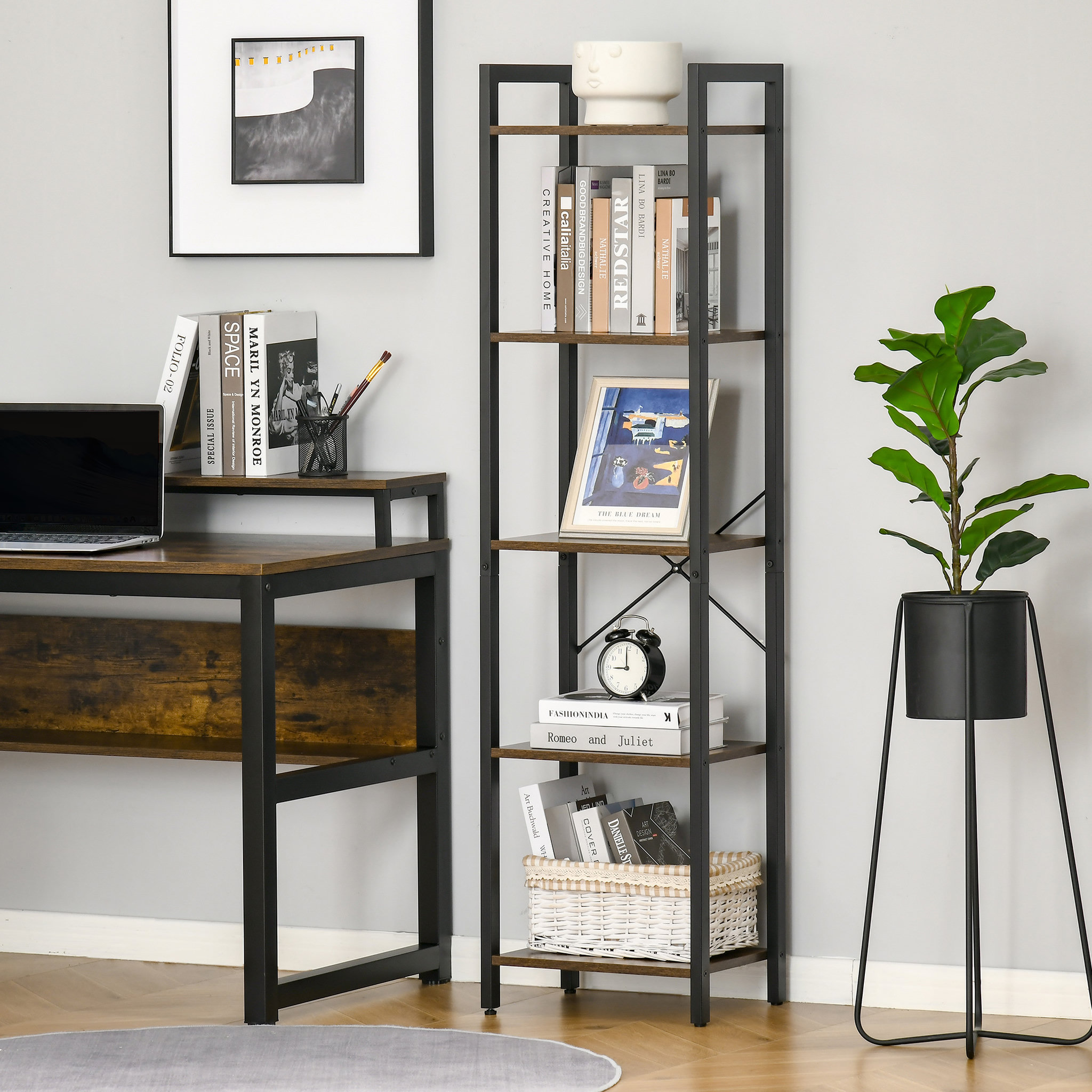 Voir la diapositive 2 : HOMCOM Étagère bibliothèque style industriel H154 cm 5 étagères acier noir panneaux particules aspect bois vieilli