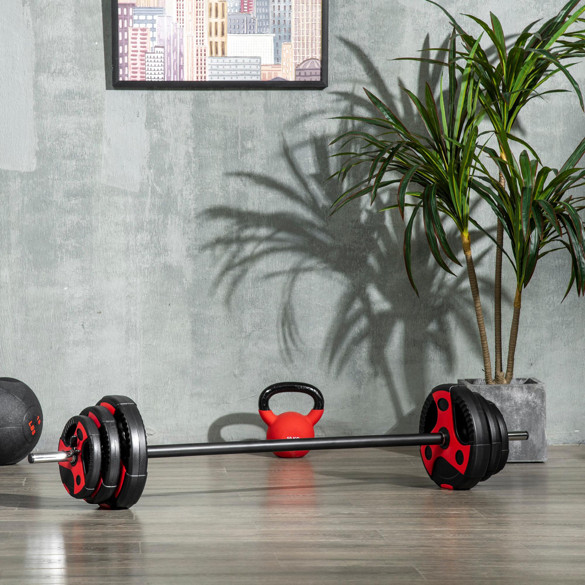 Voir la diapositive 2 : HOMCOM Kit pump 20 kg - barre et poids de musculation 1,40 m 27 mm - sets de barre de musculation - noir rouge