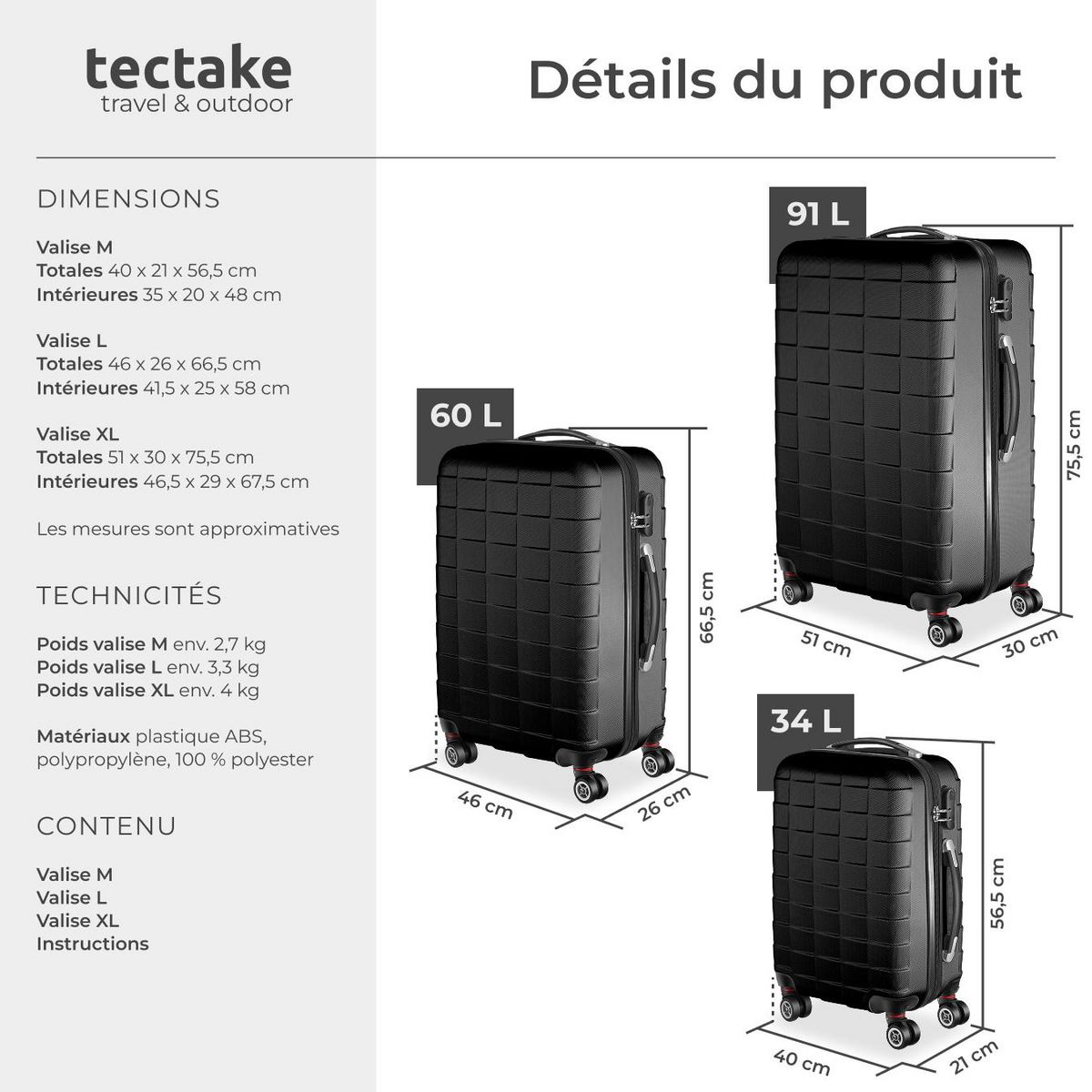 tectake Set de valises rigides 3 parties, en plastique ABS robuste noir