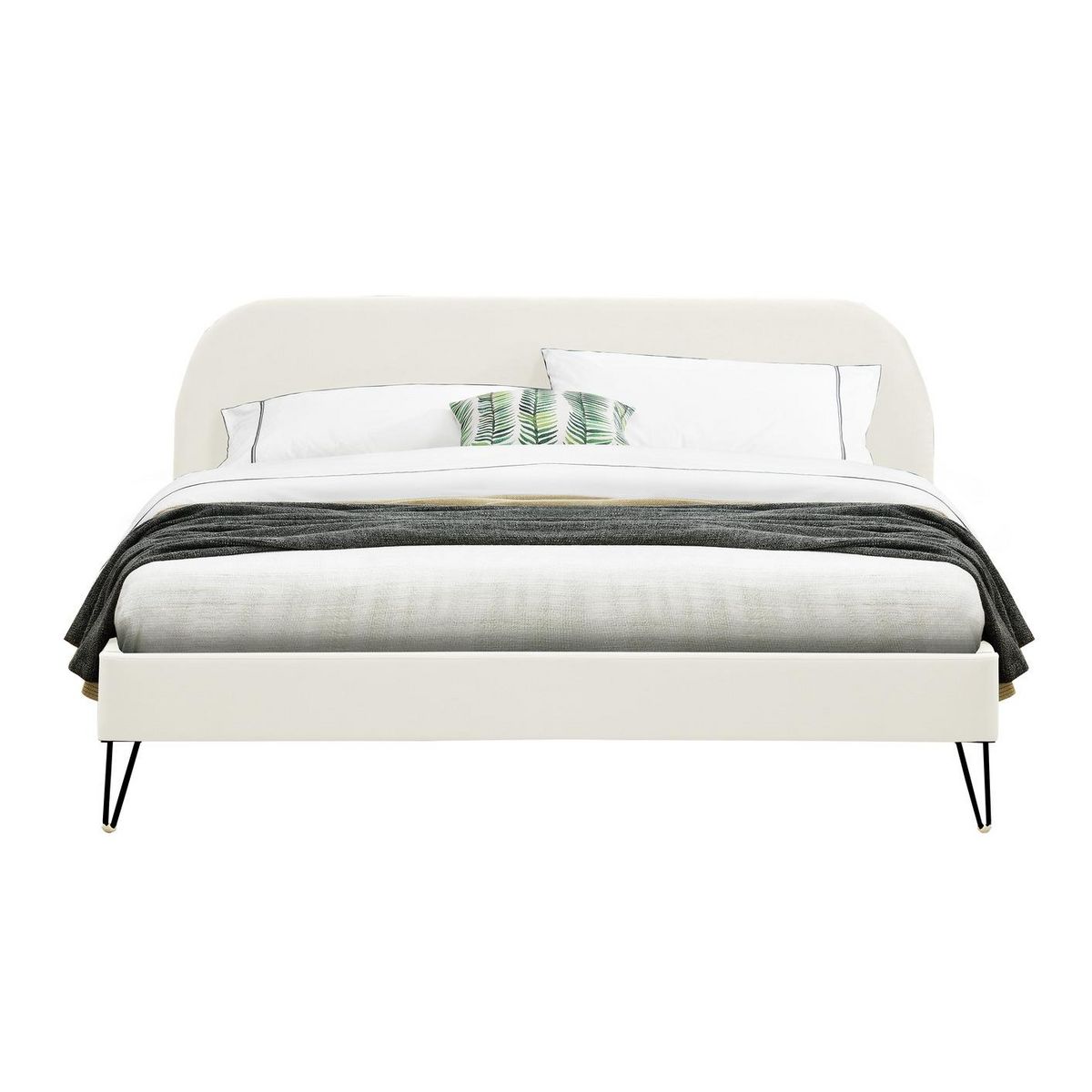 CONCEPT USINE Structure de lit 160 x 200 cm en velours beige et pieds noirs PHOENIX