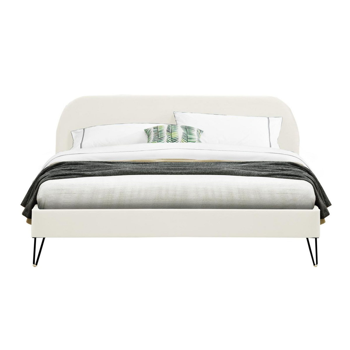 CONCEPT USINE Structure de lit 160 x 200 cm en velours beige et pieds noirs PHOENIX