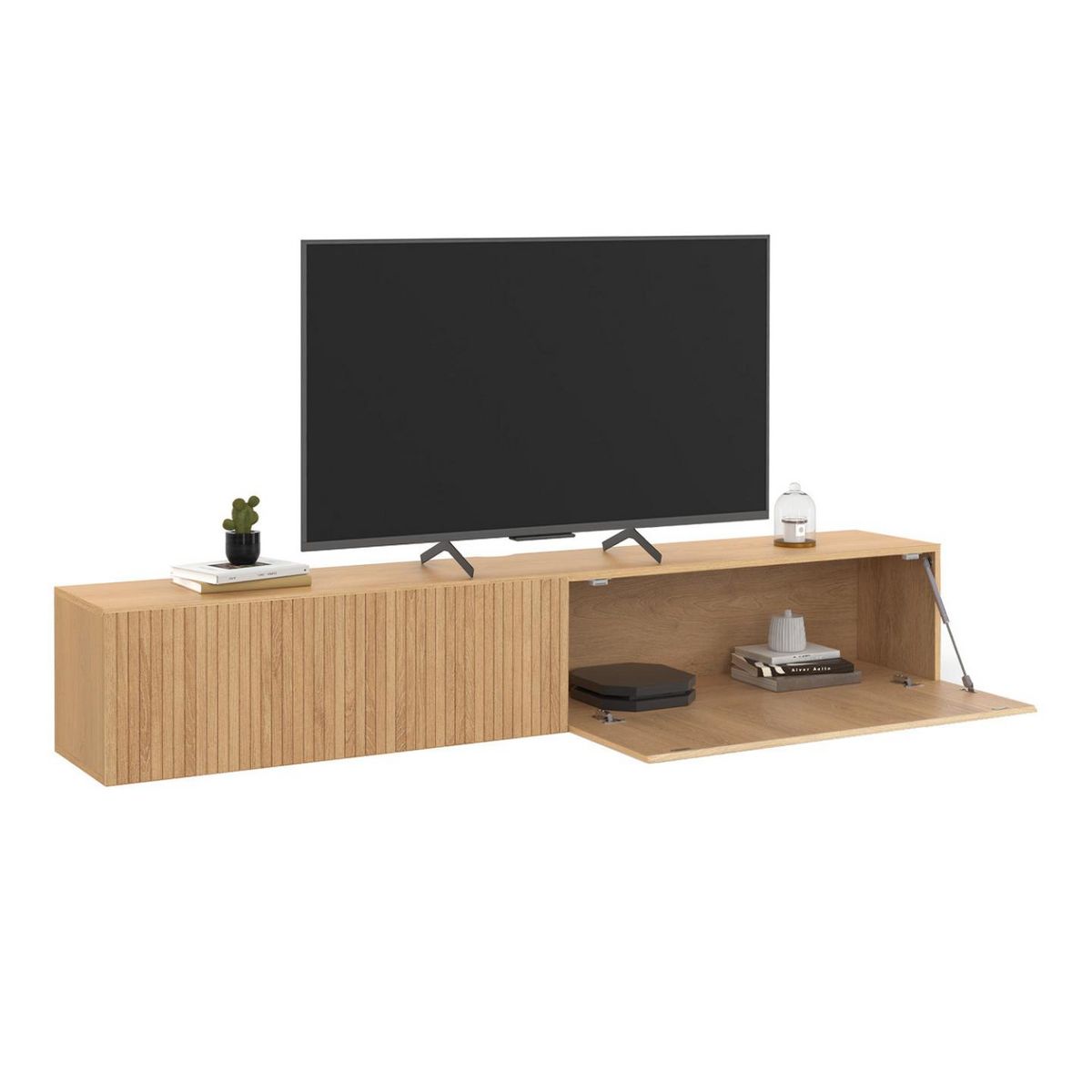 ID MARKET Meuble TV 180 cm suspendu JULIETTE lattes tasseau bois coloris chêne